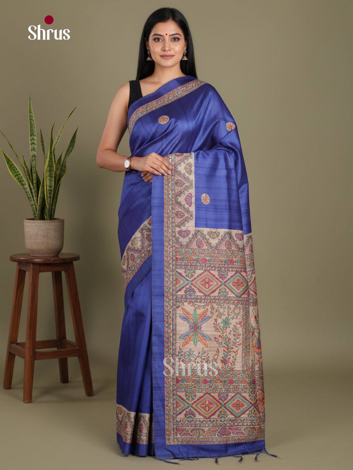 Blue & Cream - Printed Madhubani Saree