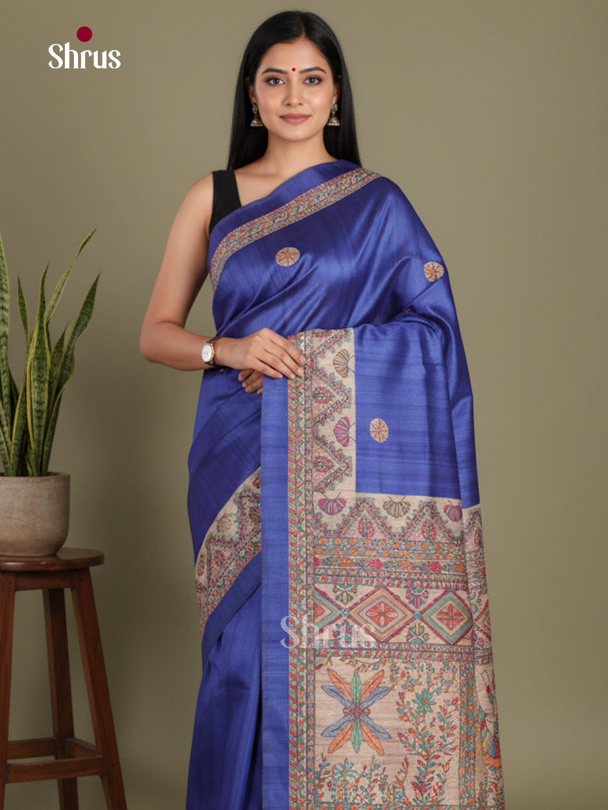 Blue & Cream - Printed Madhubani Saree