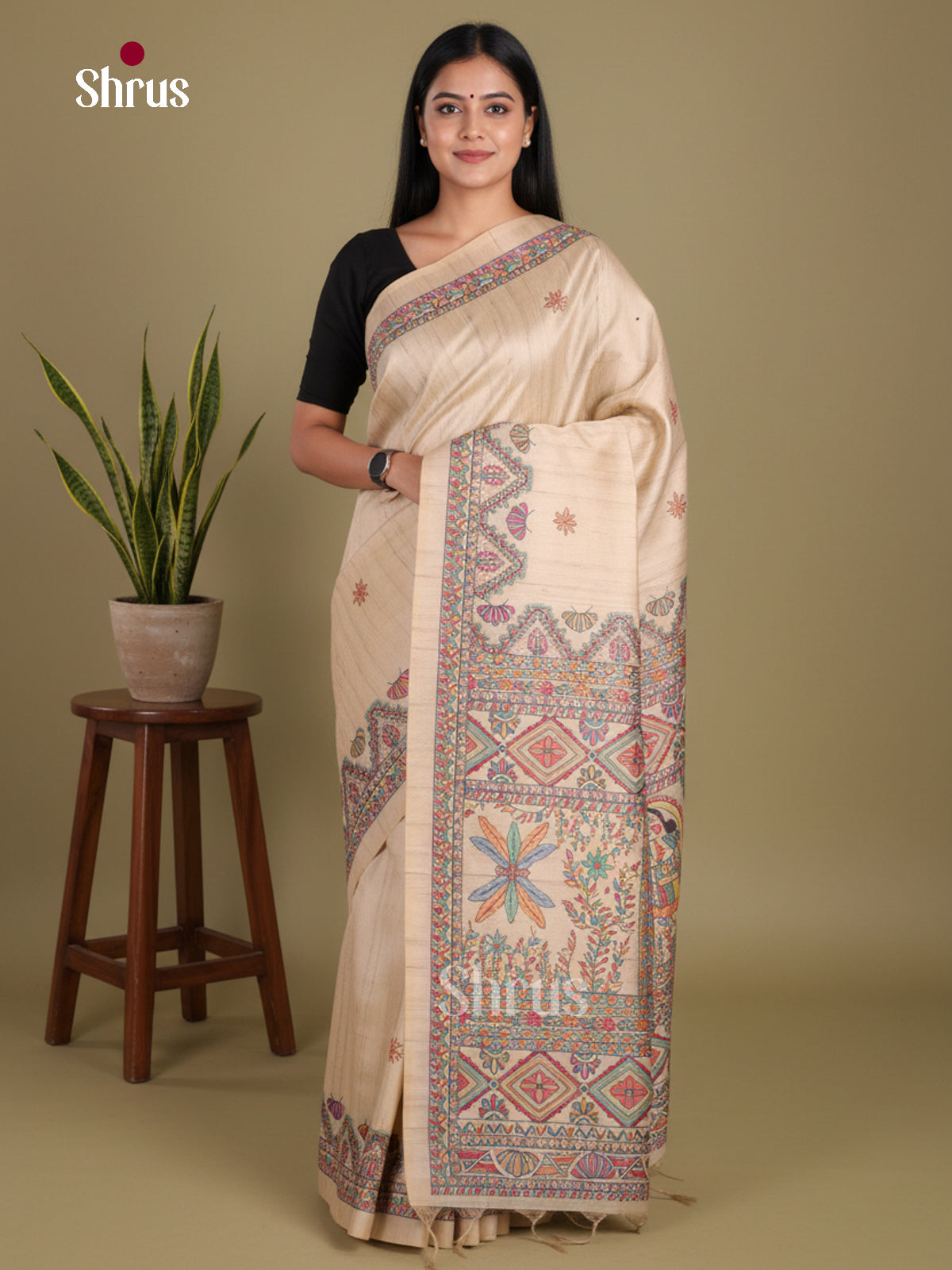 Cream - Printed Madhubani Saree
