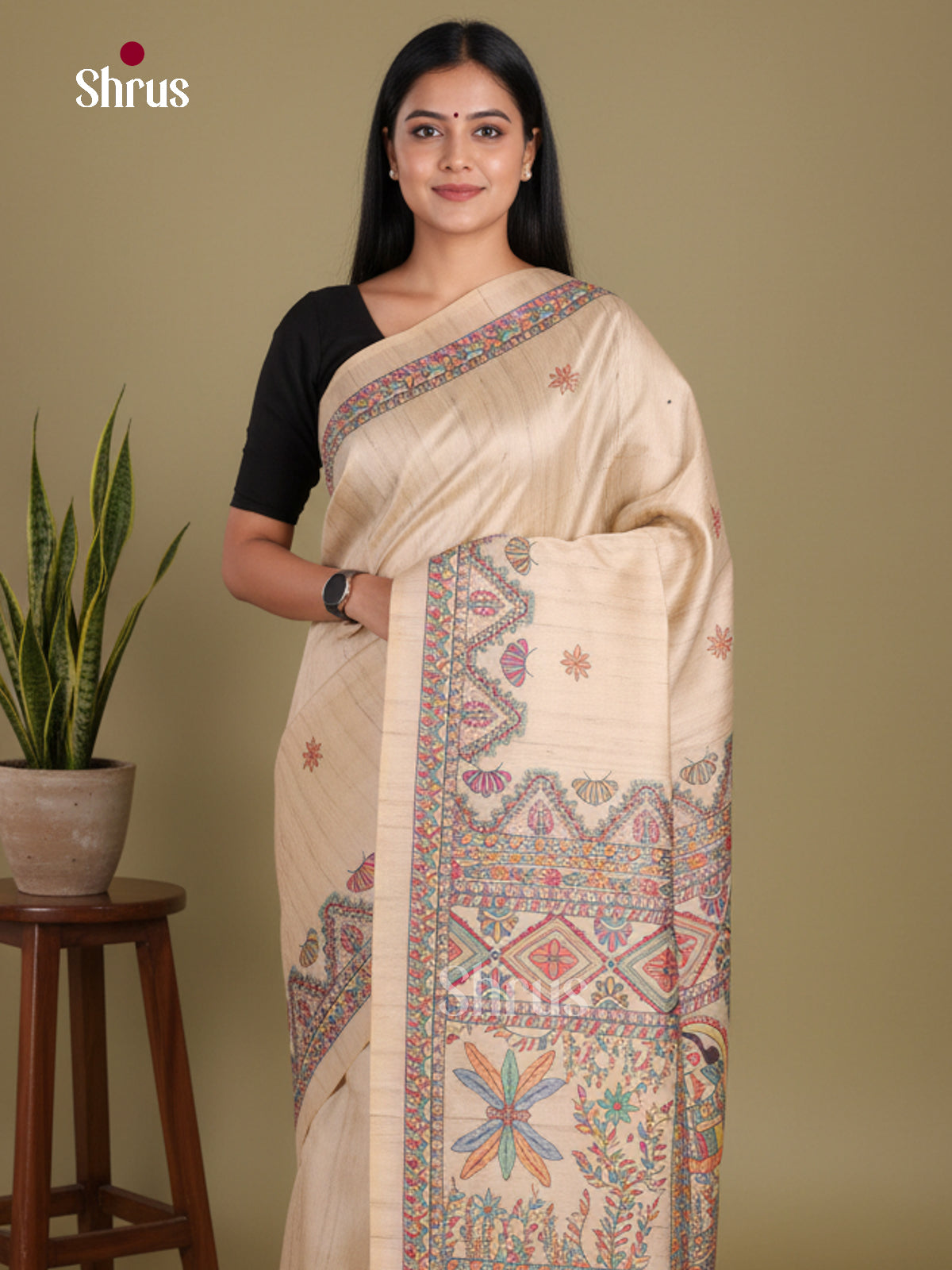 Cream - Printed Madhubani Saree