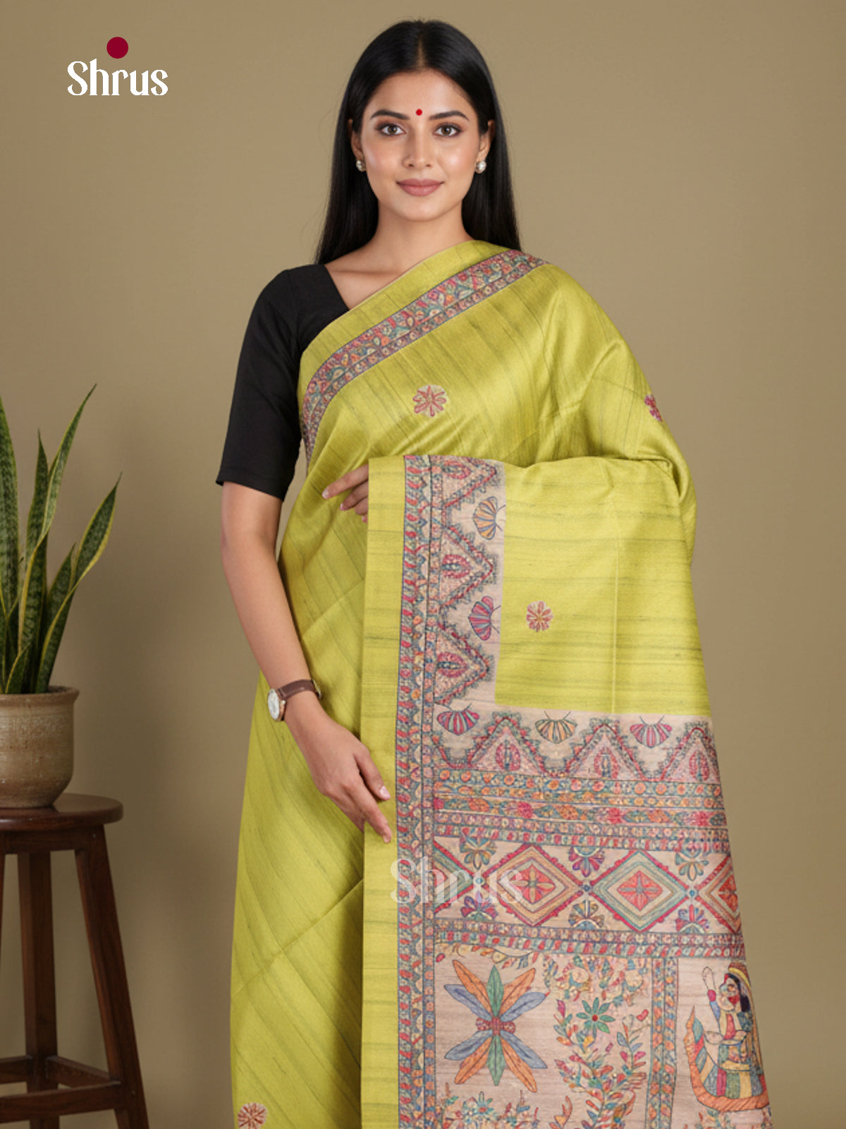 Light Green & Cream - Printed Madhubani Saree