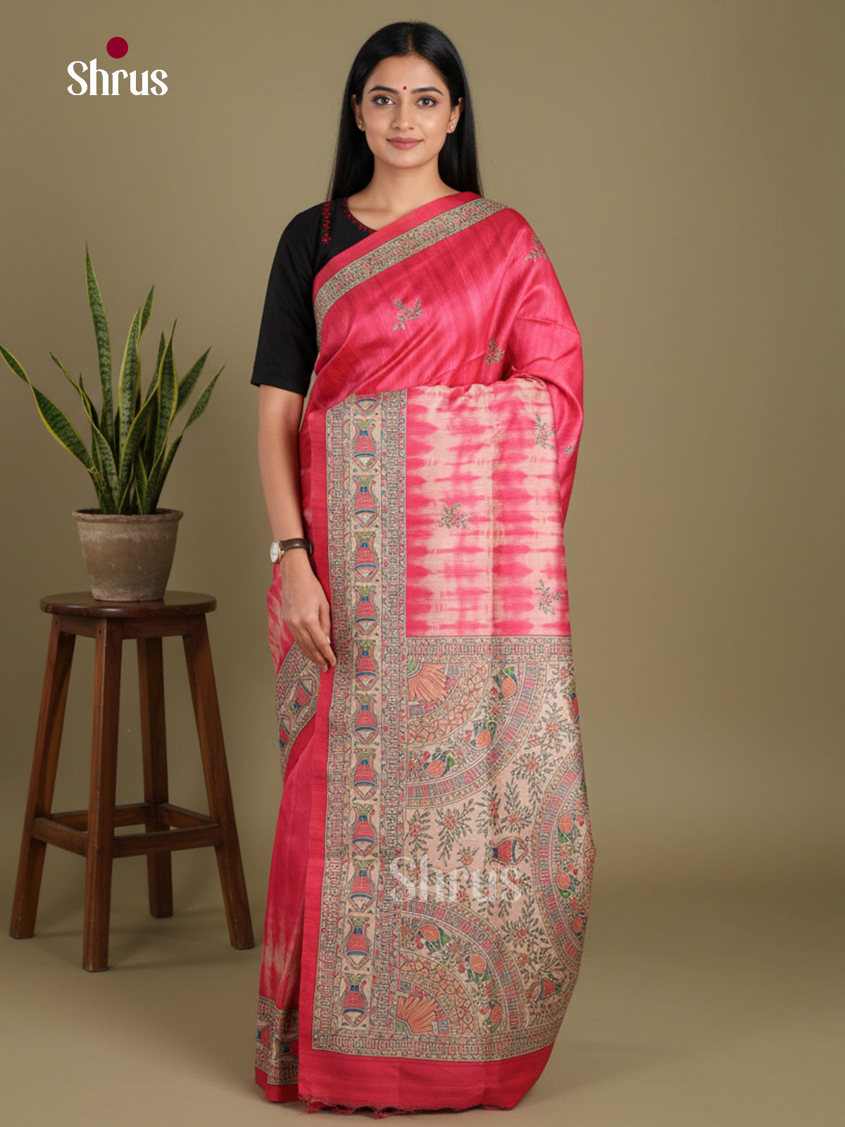 Pink & Cream - Printed Madhubani Saree