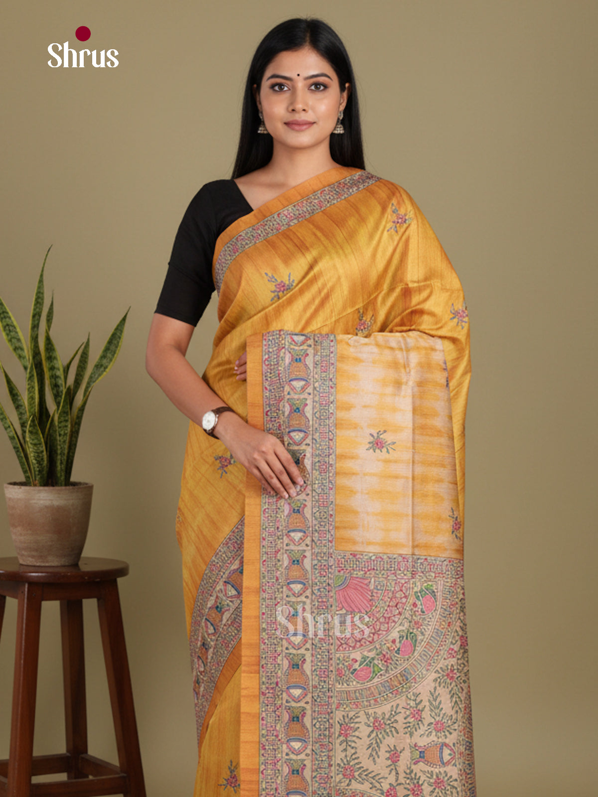 Mustard & Cream - Printed Madhubani Saree