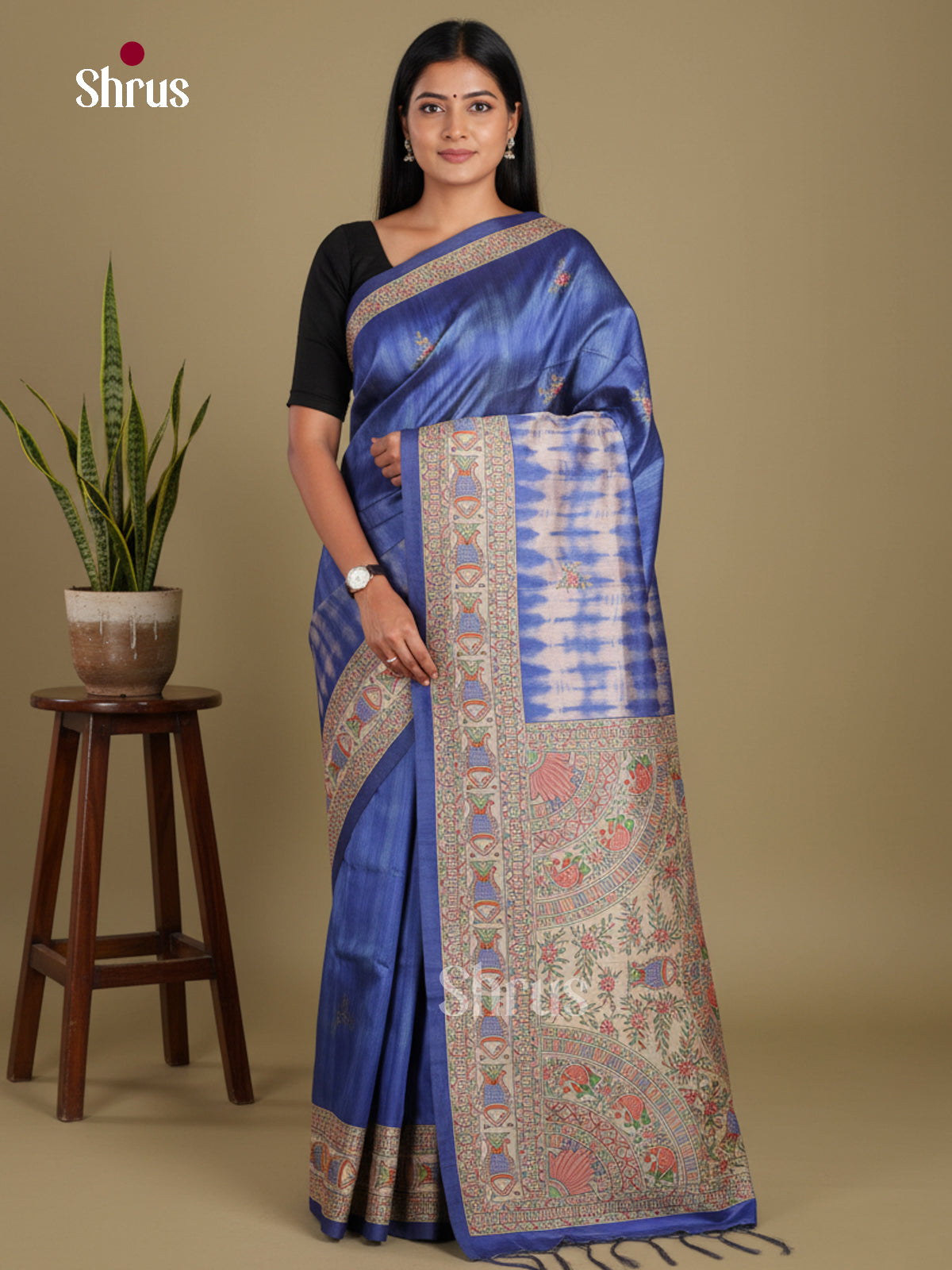 Blue & Cream - Printed Madhubani Saree