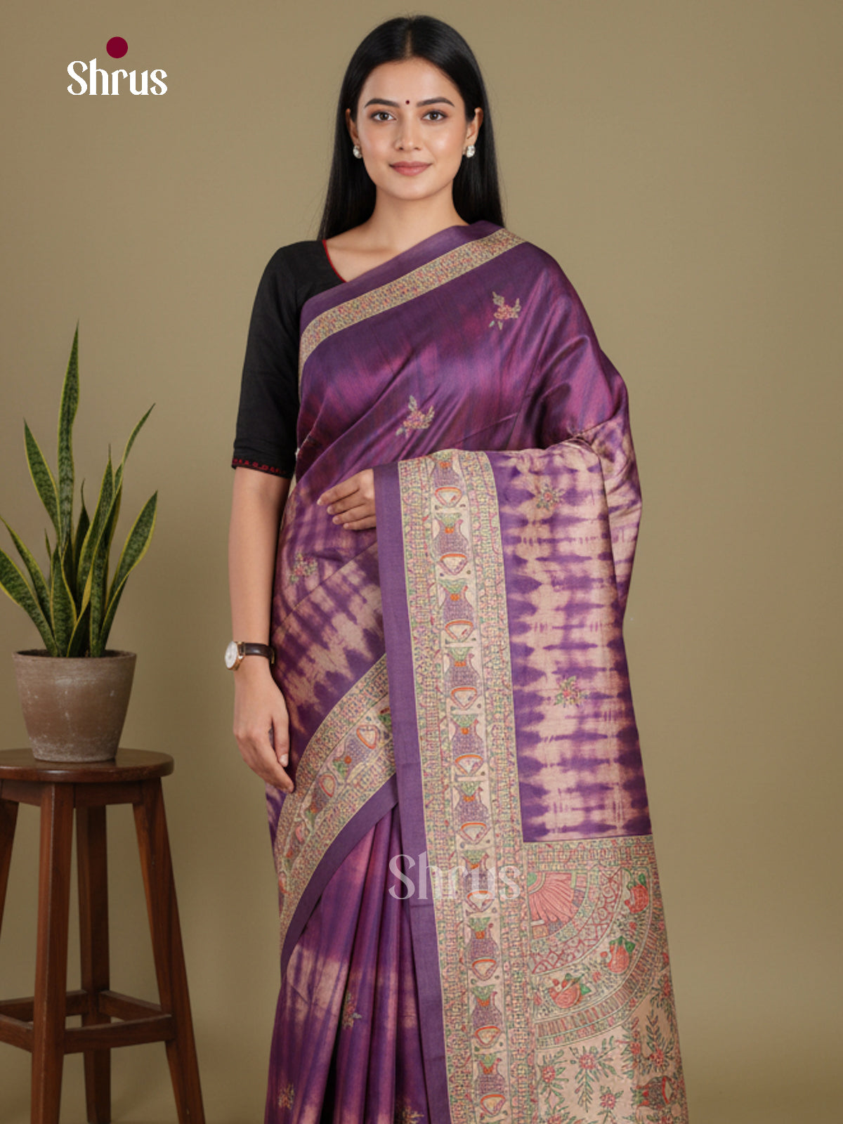 Violet & Cream - Printed Madhubani Saree