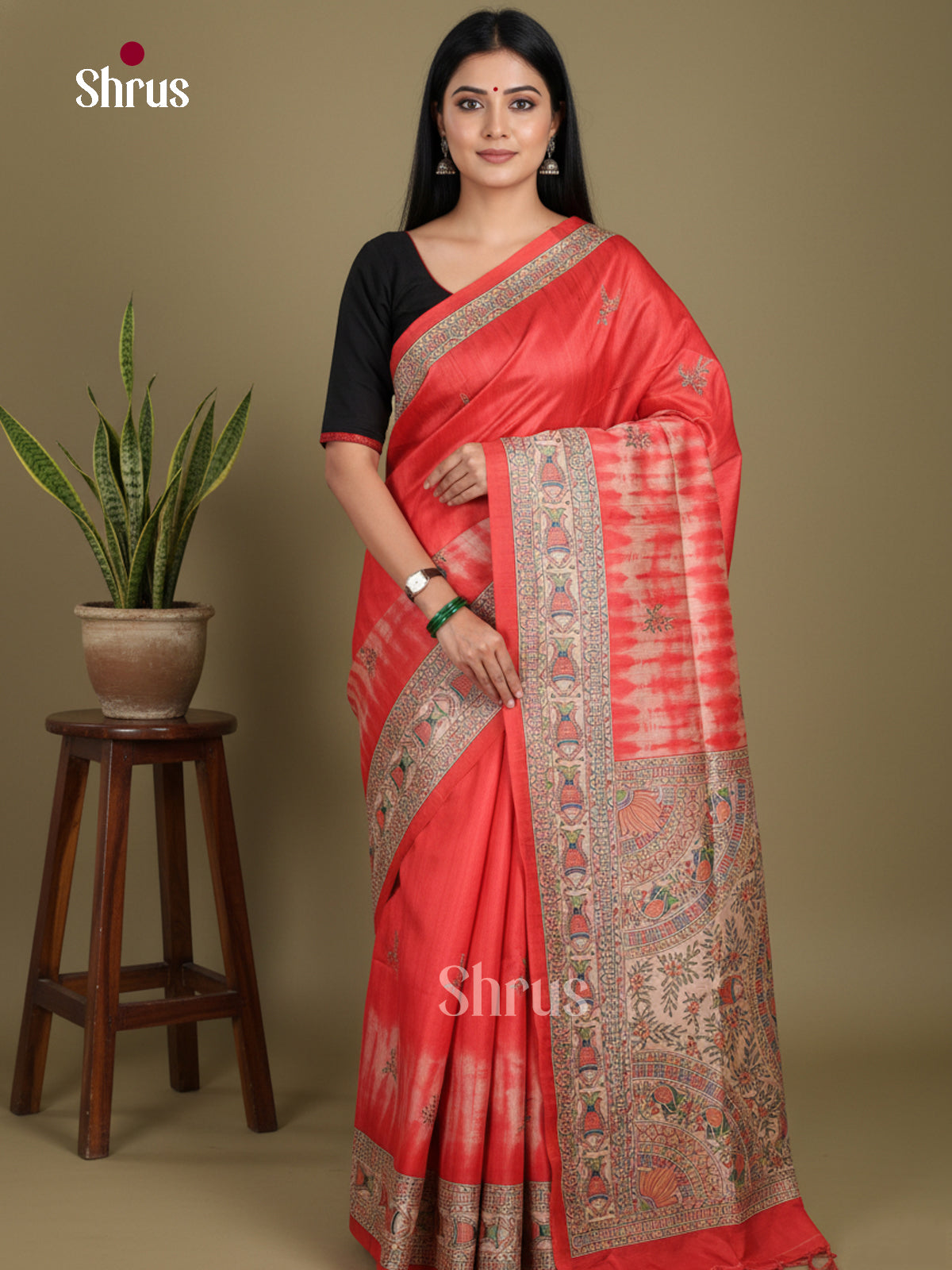 Red & Cream - Printed Madhubani Saree