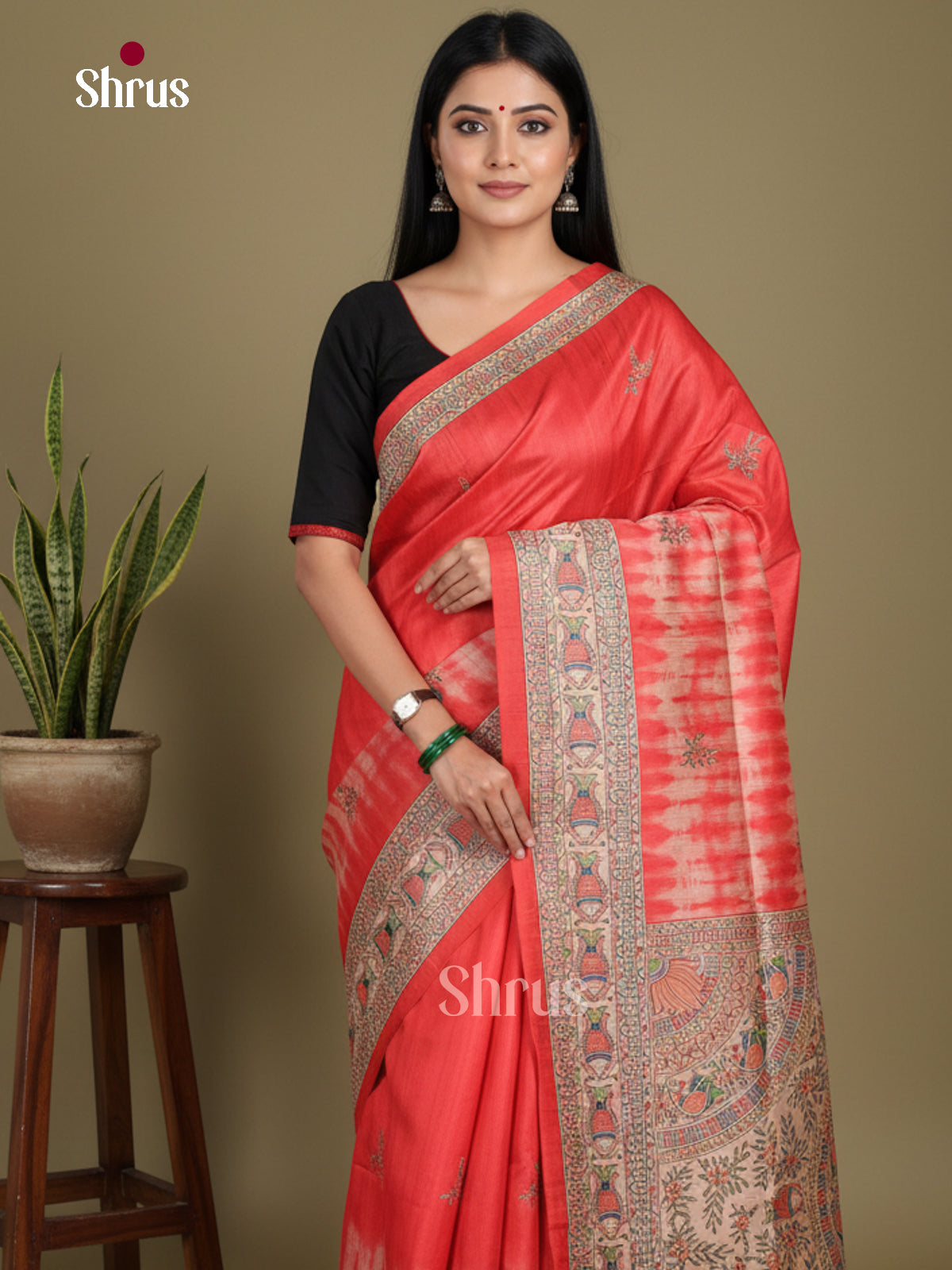 Red & Cream - Printed Madhubani Saree