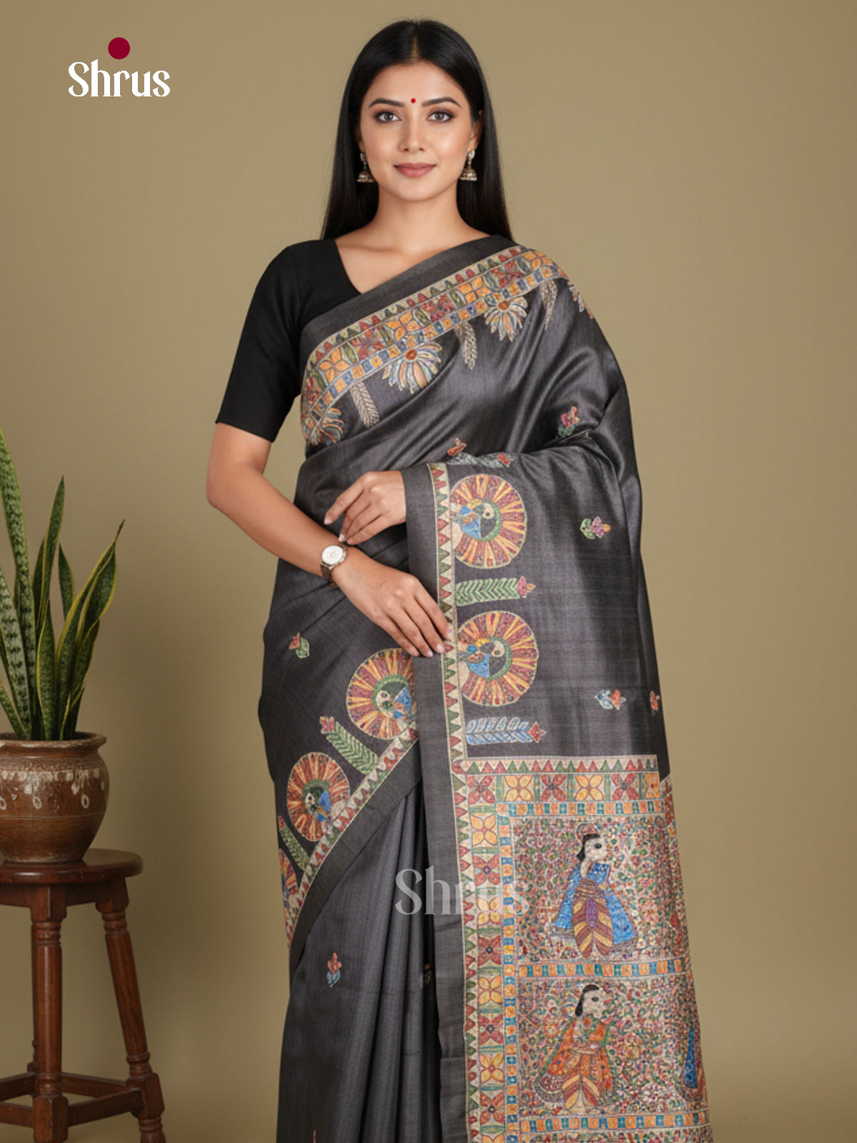 Black & Cream - Printed Madhubani Saree