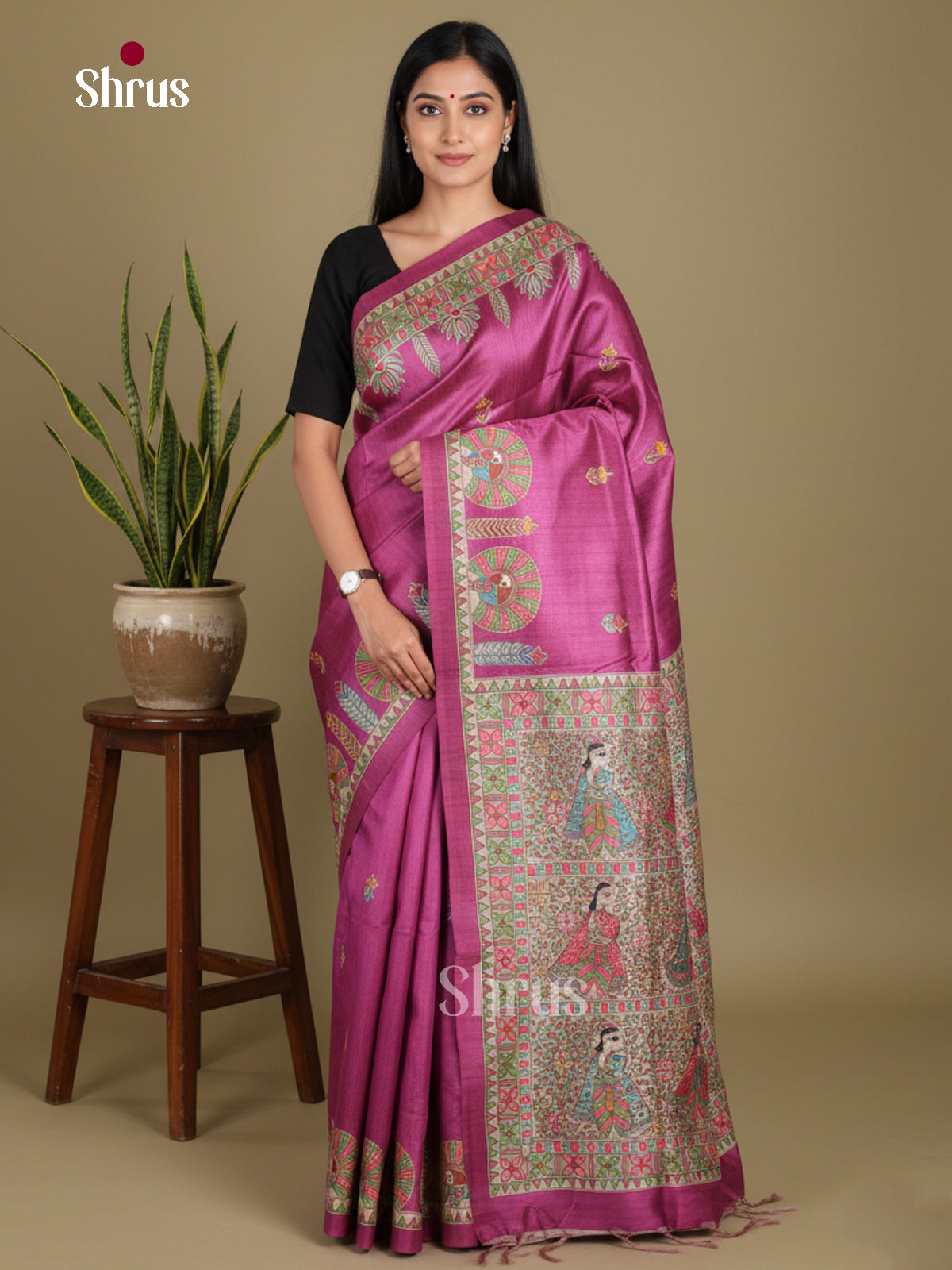Purple & Cream - Printed Madhubani Saree