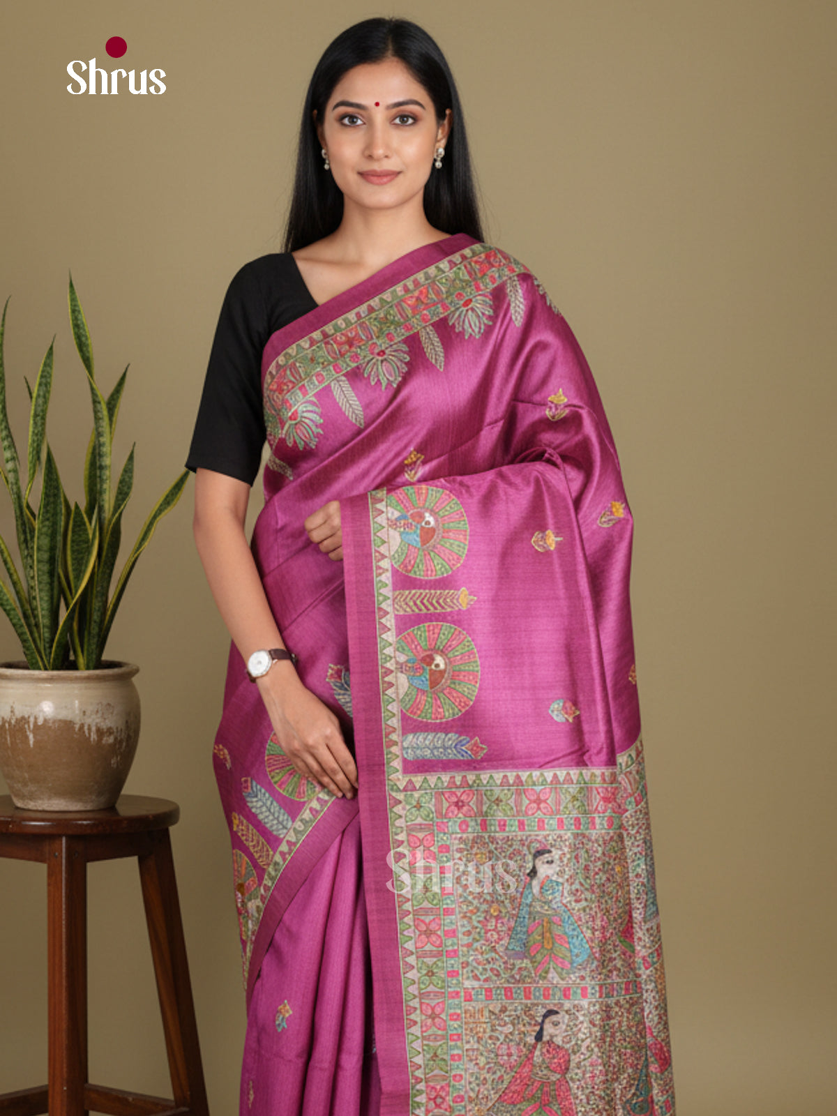 Purple & Cream - Printed Madhubani Saree