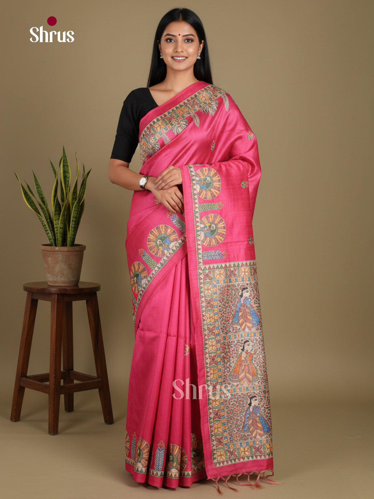 Pink & Cream - Printed Madhubani Saree