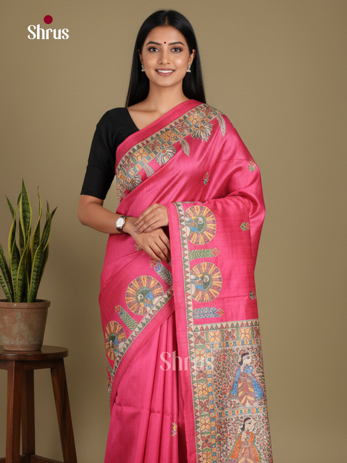 Pink & Cream - Printed Madhubani Saree
