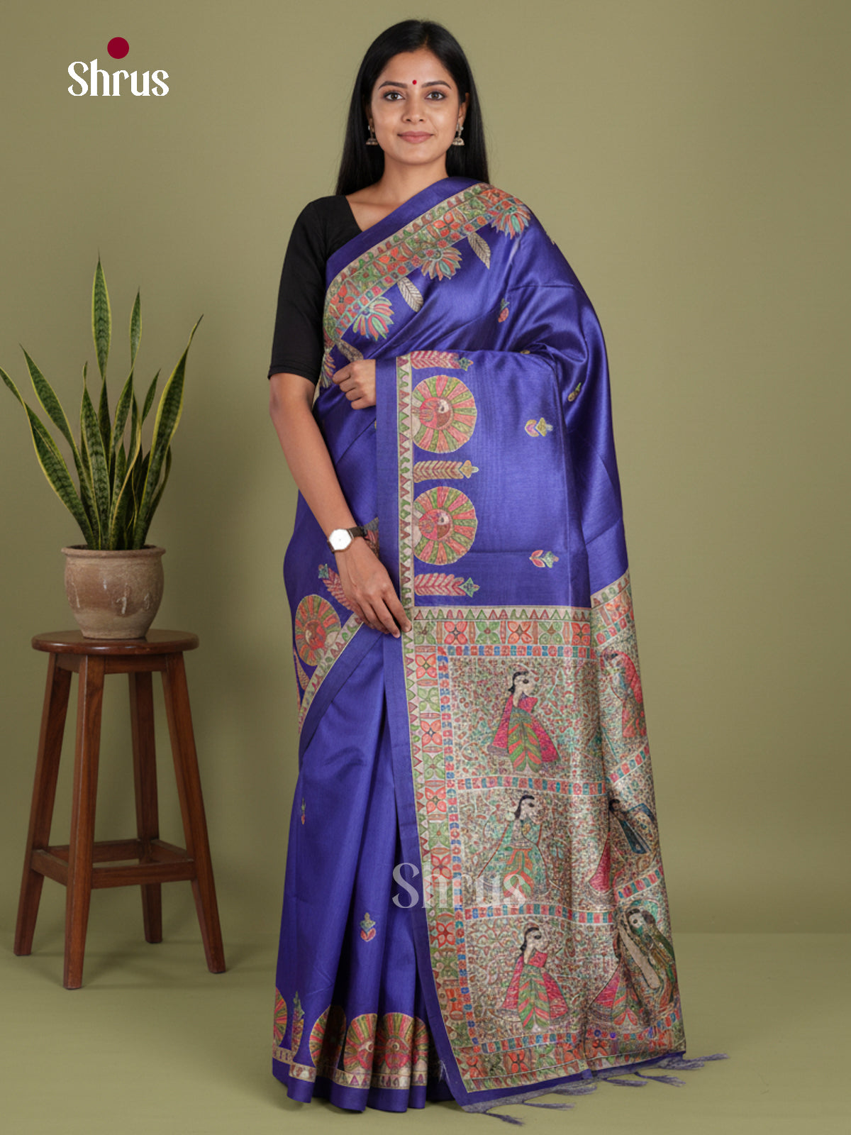 Blue & Cream - Printed Madhubani Saree
