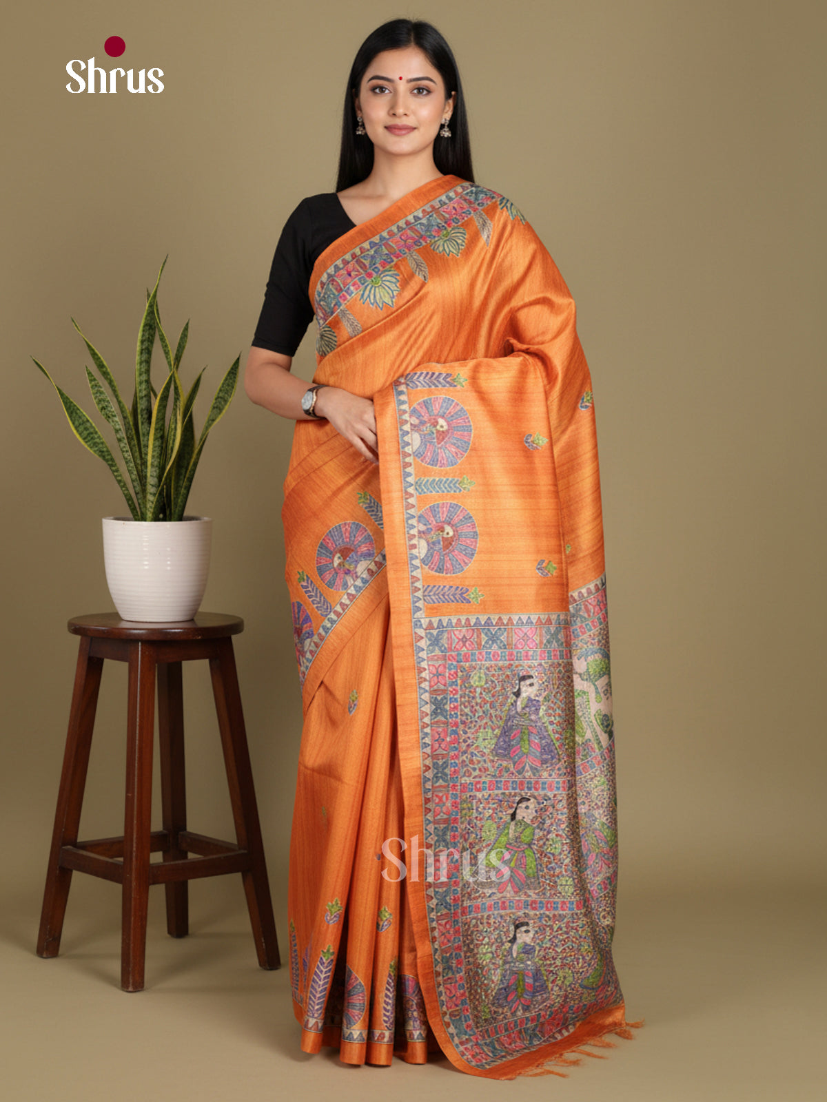 Orange & Cream - Printed Madhubani Saree