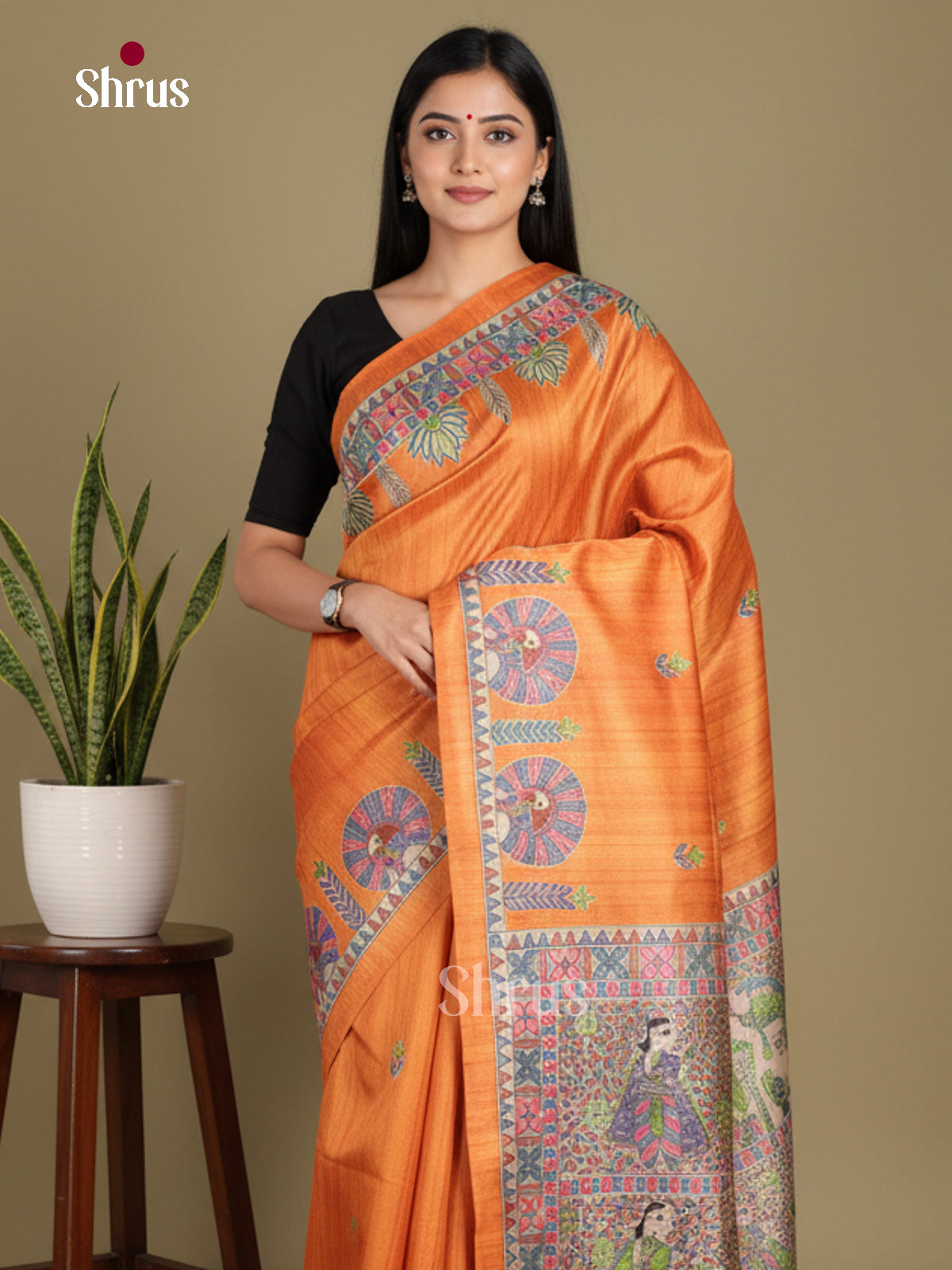 Orange & Cream - Printed Madhubani Saree