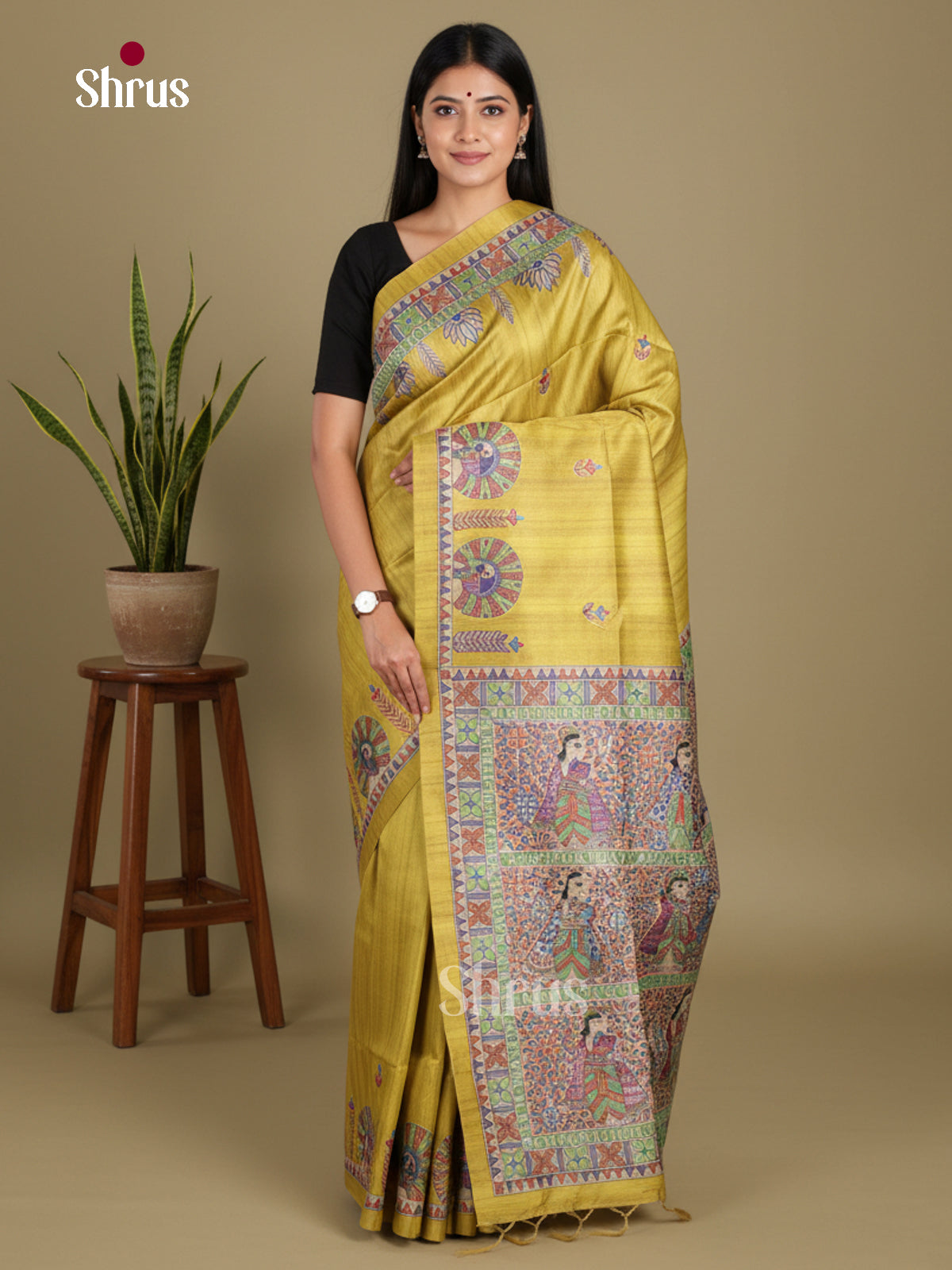 Mustardy Green &  Cream- Printed Madhubani Saree