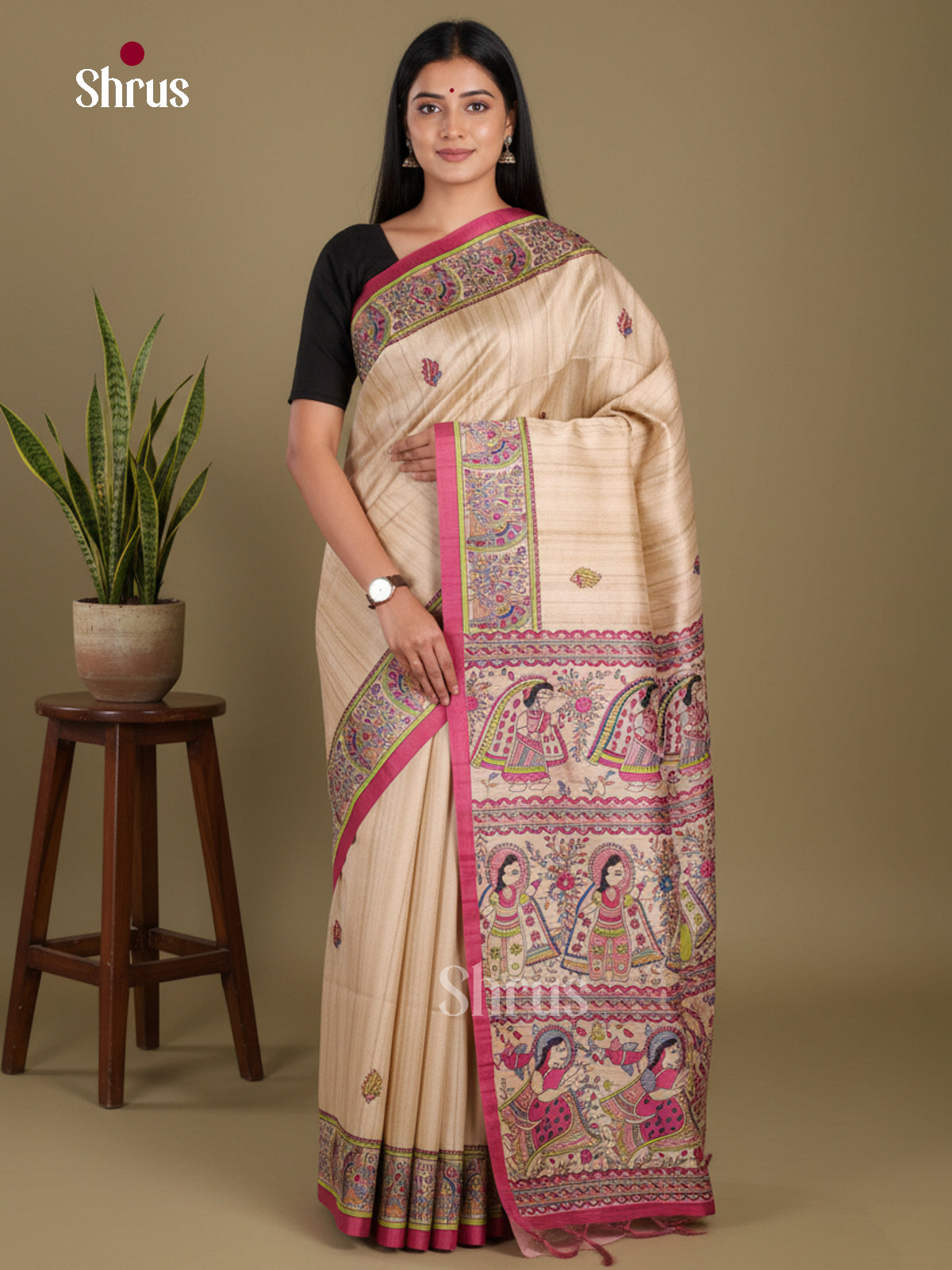 Cream & Pink - Printed Madhubani Saree