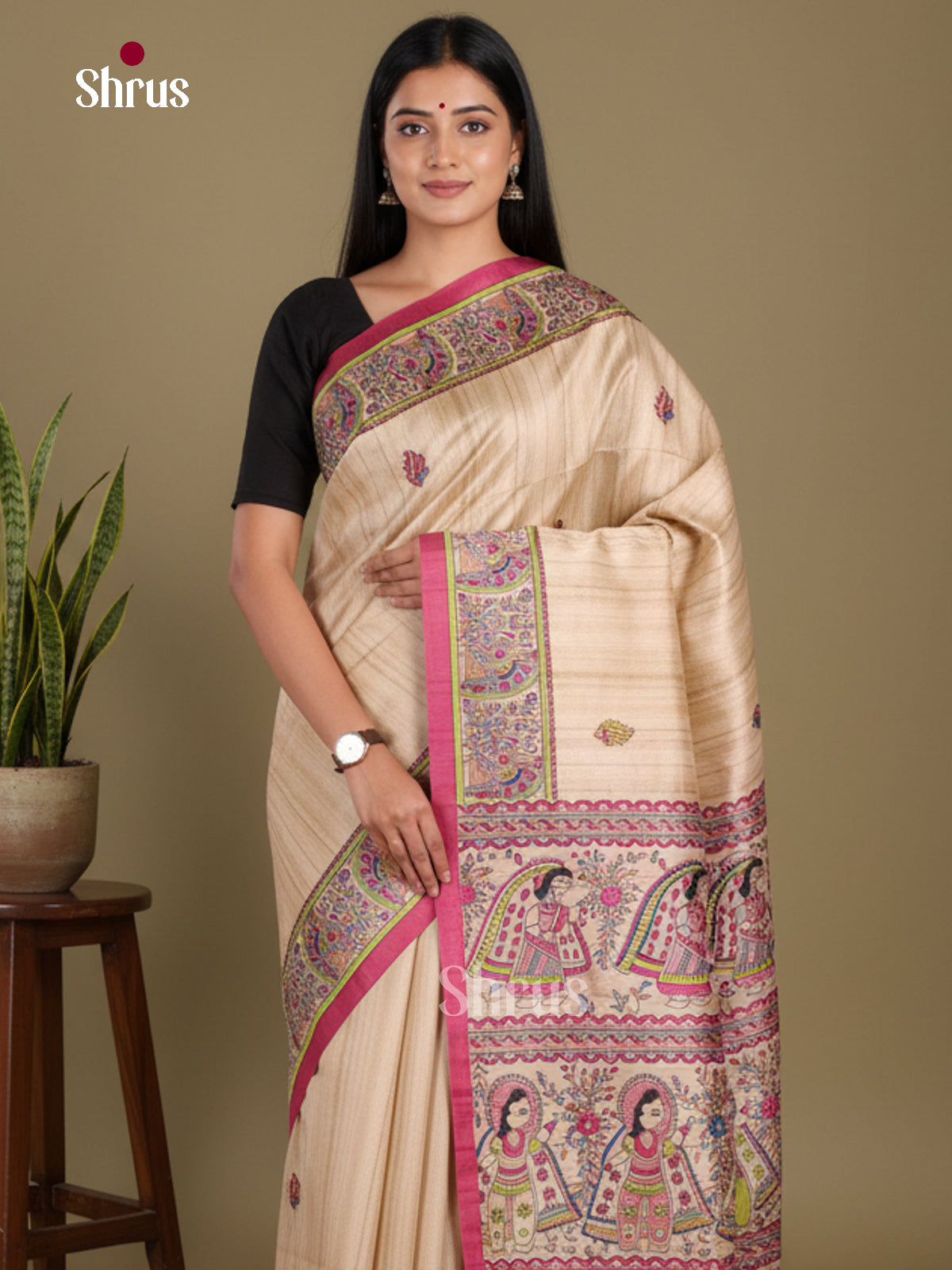 Cream & Pink - Printed Madhubani Saree