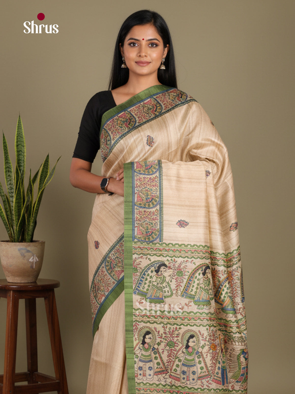 Cream & Green  - Printed Madhubani Saree