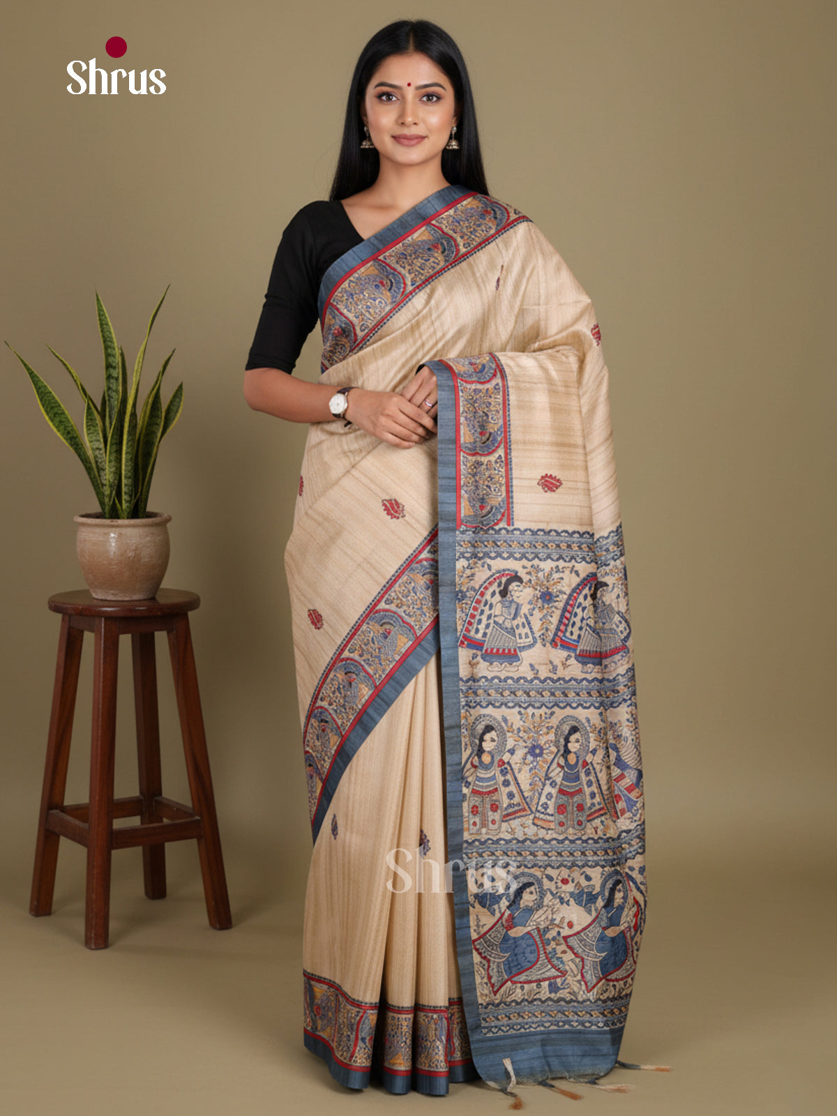 Cream & Blue- Printed Madhubani Saree