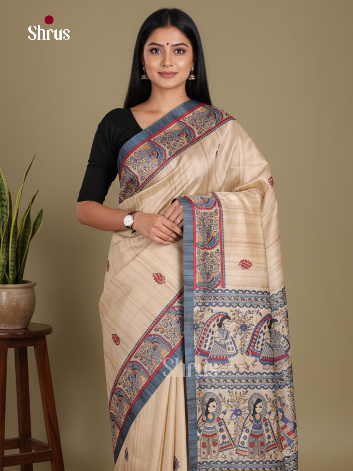 Cream & Blue- Printed Madhubani Saree