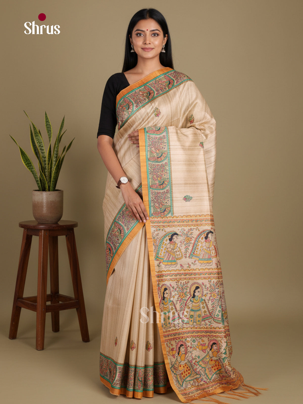 Cream & Mustard - Printed Madhubani Saree