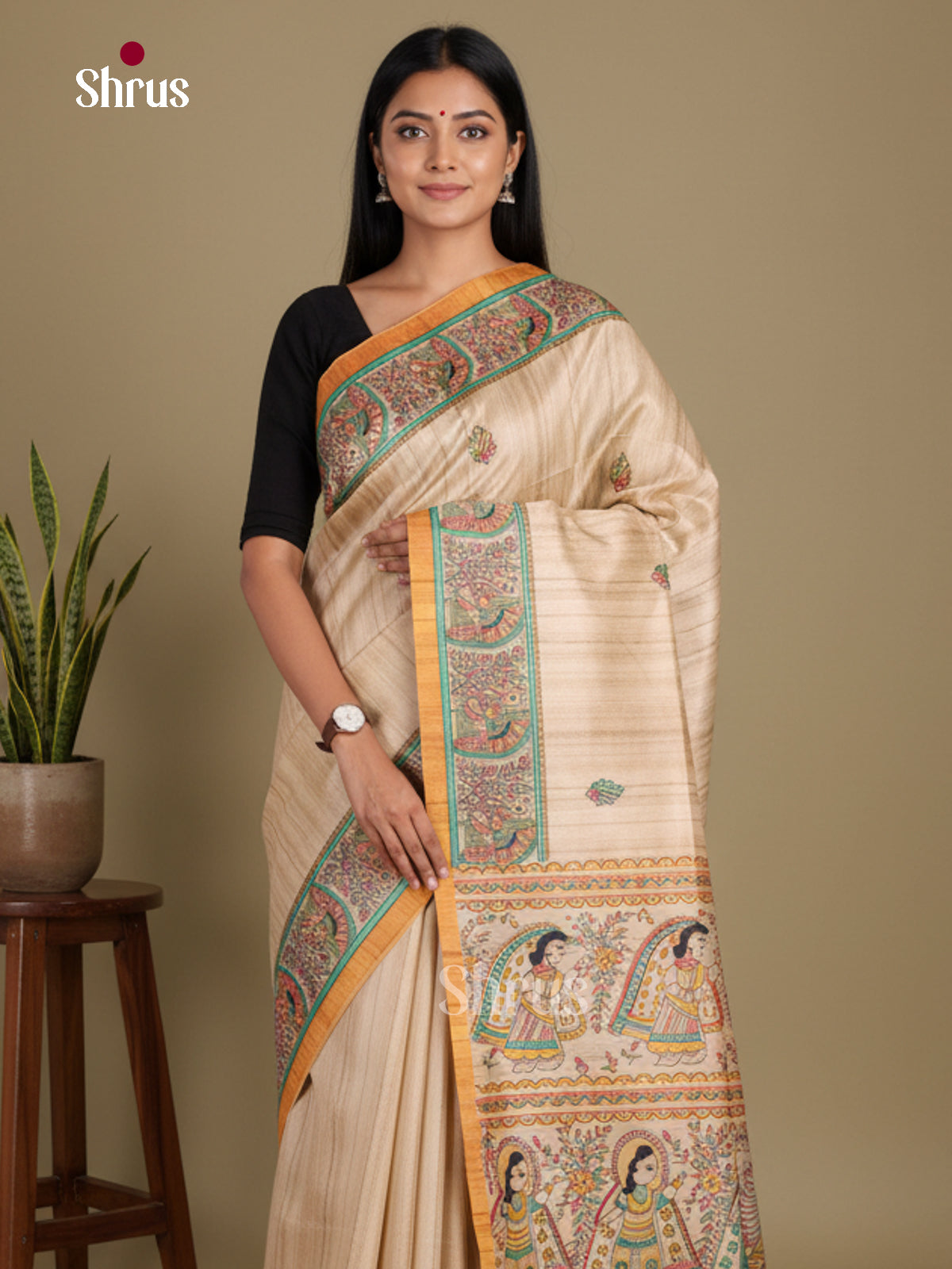 Cream & Mustard - Printed Madhubani Saree