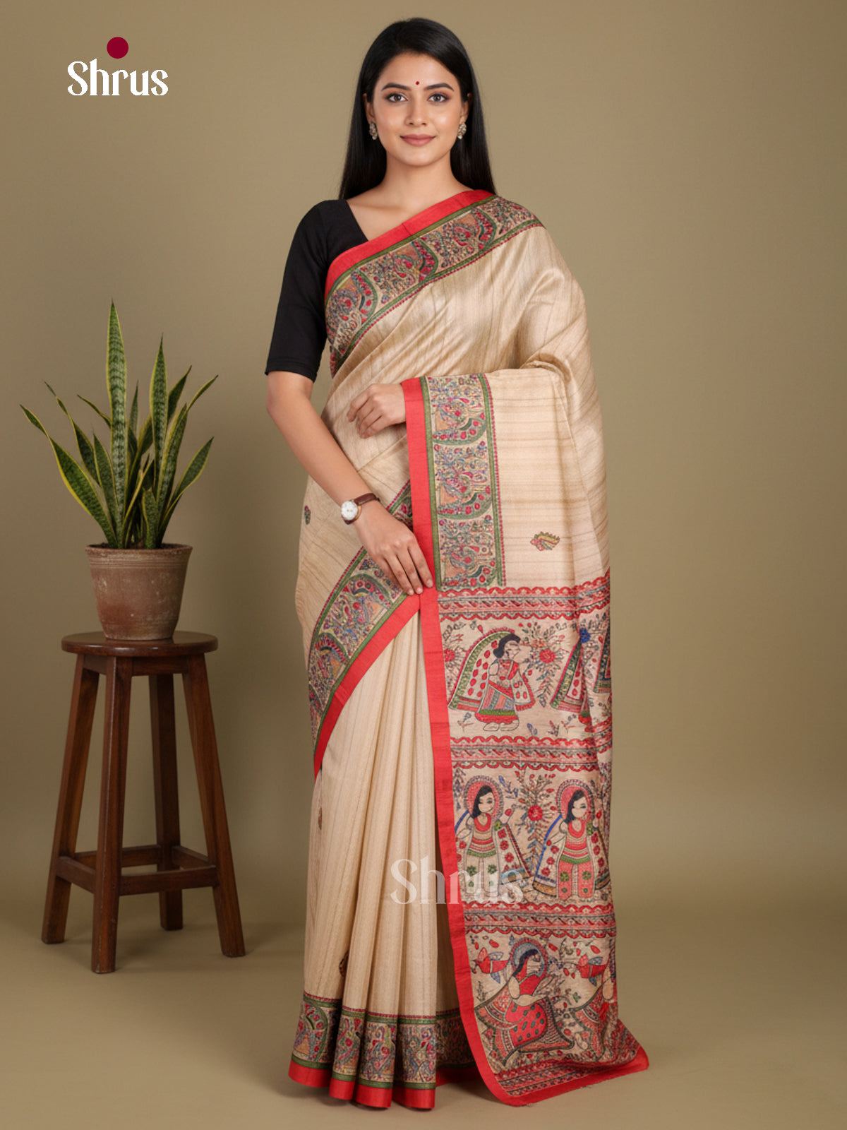 Cream & Red - Printed Madhubani Saree