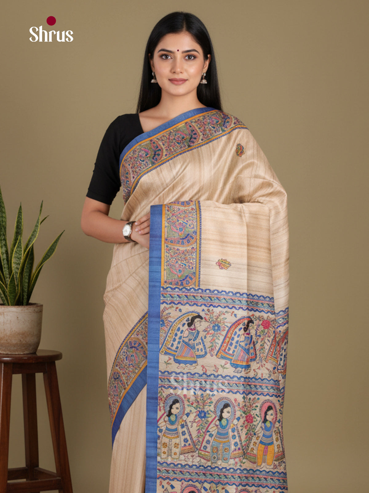 Cream & Blue - Printed Madhubani Saree
