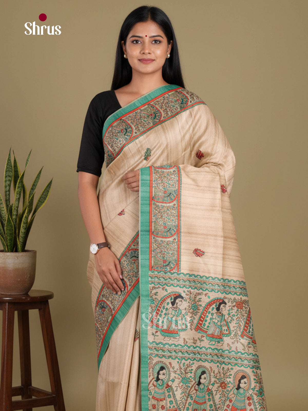 Cream & Green - Printed Madhubani Saree