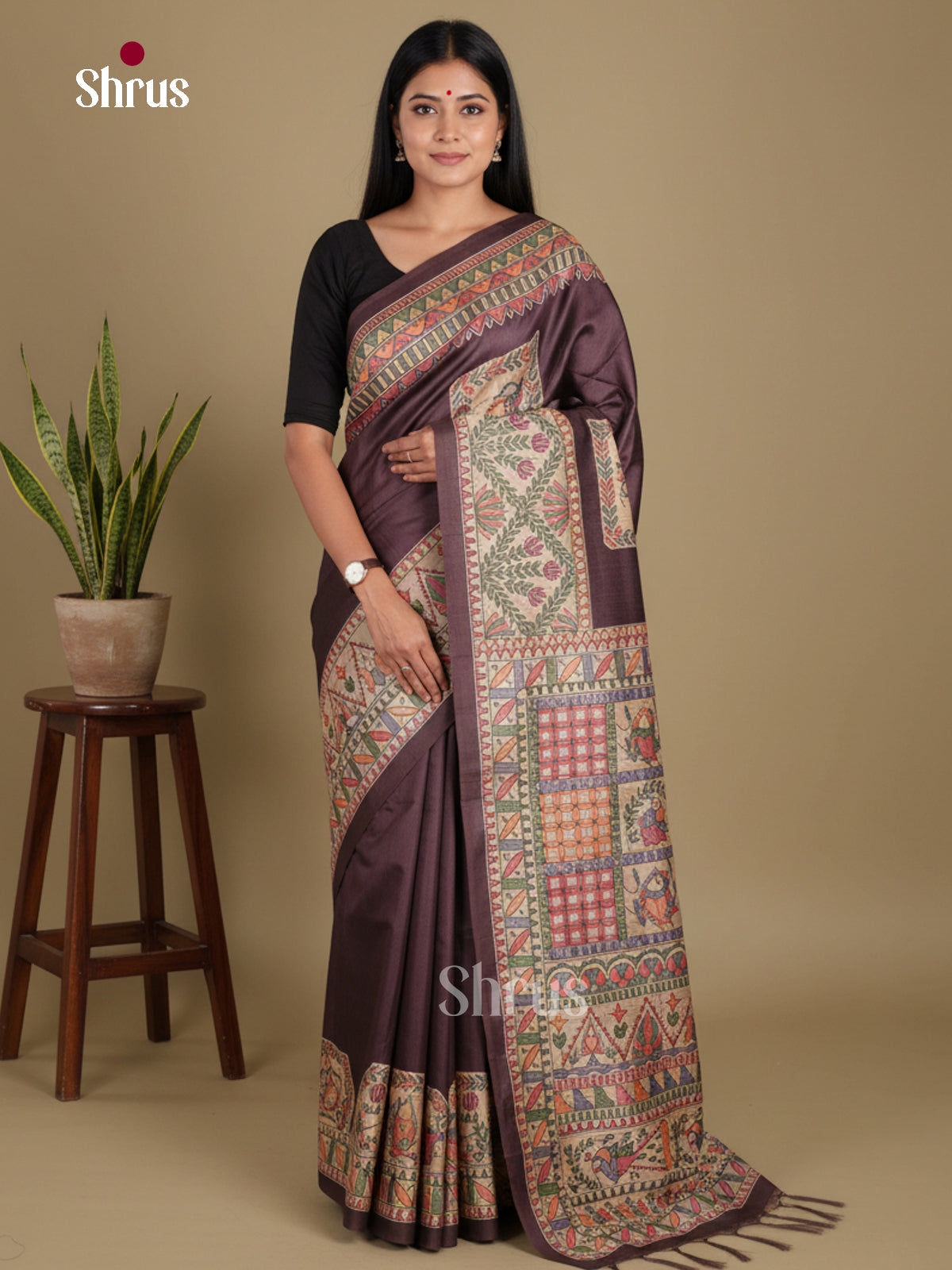 Coffee brown & Cream- Printed Madhubani Saree