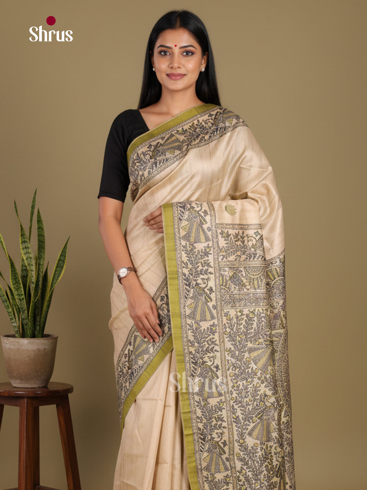 Cream  & Green - Printed Madhubani Saree