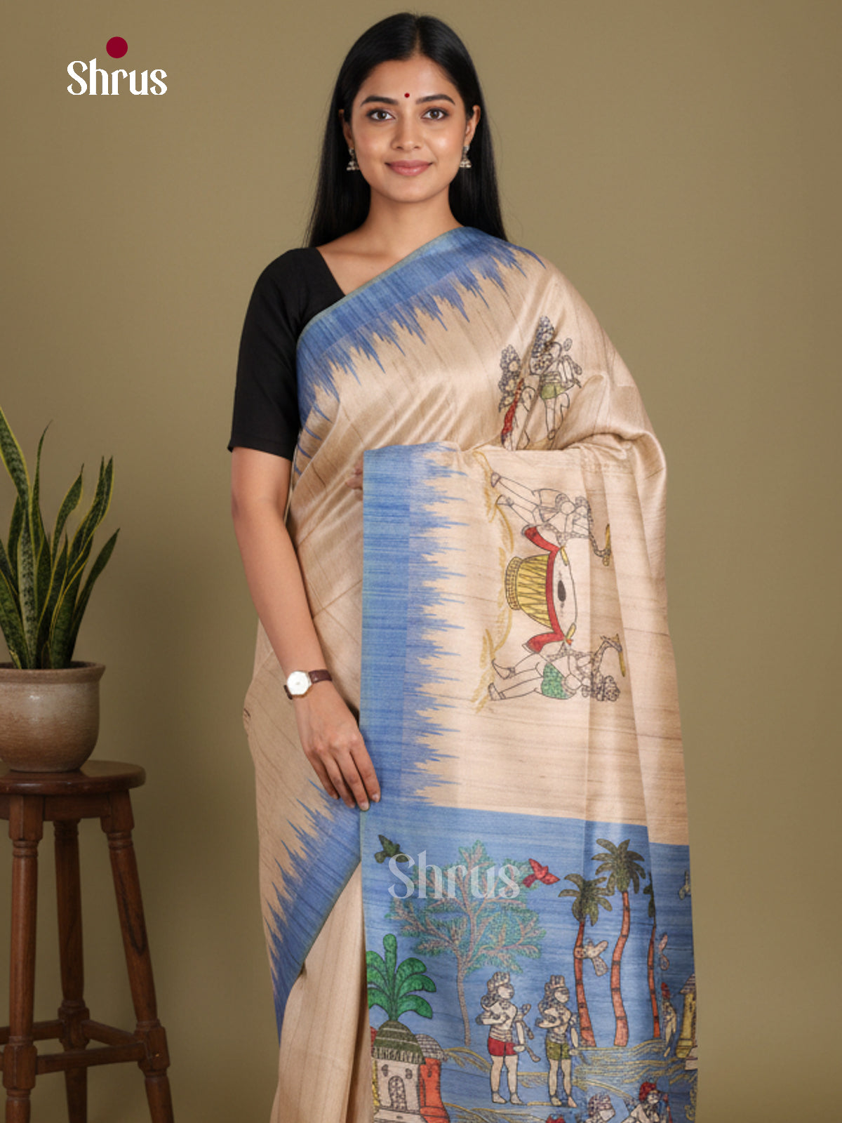 Cream & Blue - Printed Madhubani Saree