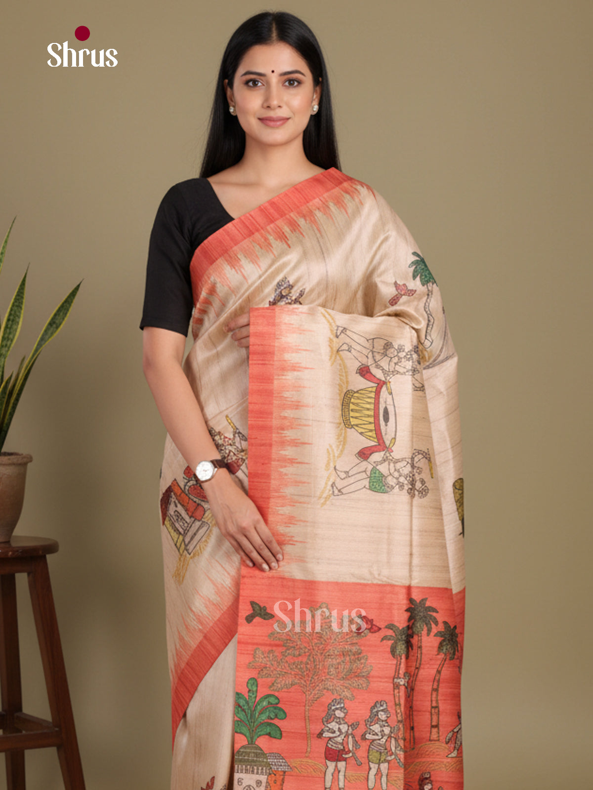 Cream & Orange - Printed Madhubani Saree