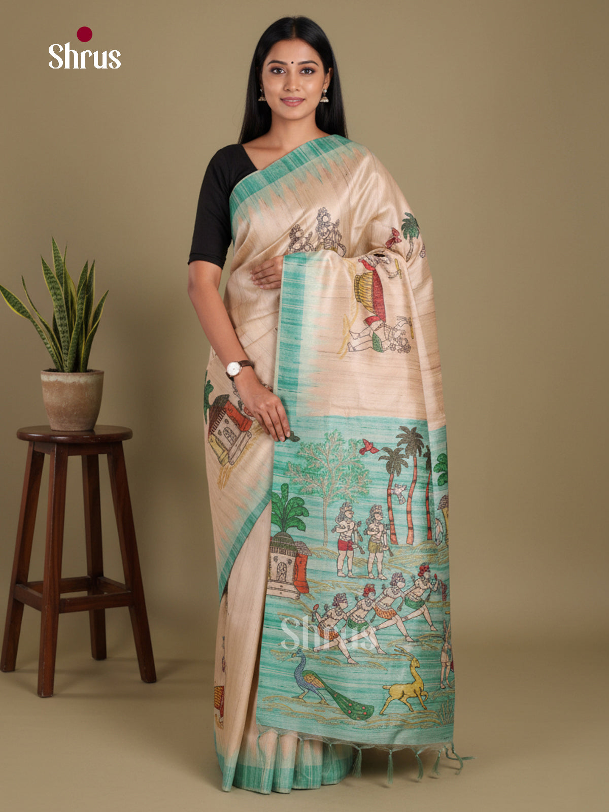 Cream  & Teal - Printed Madhubani Saree