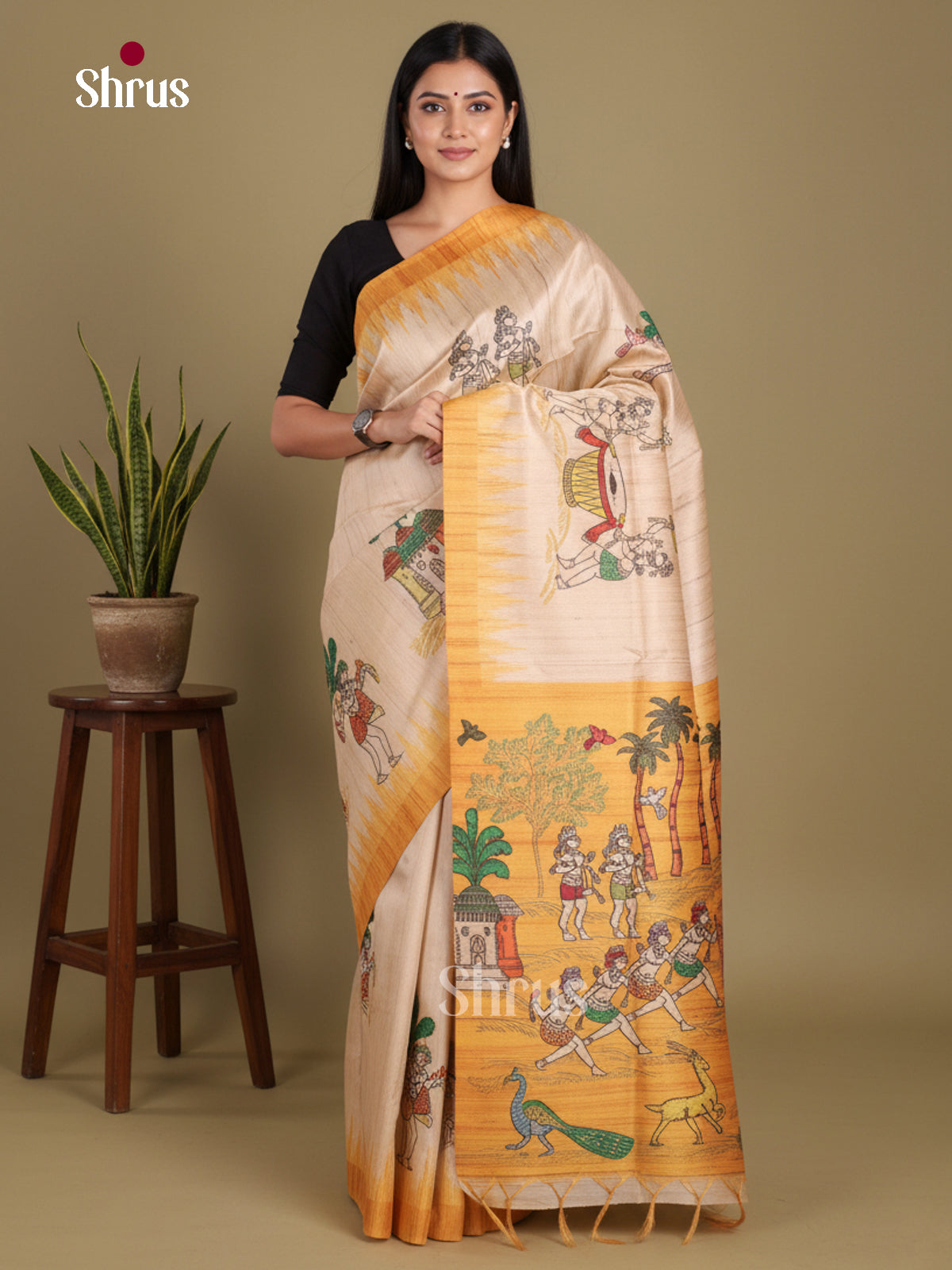 Cream & Yellow- Printed Madhubani Saree