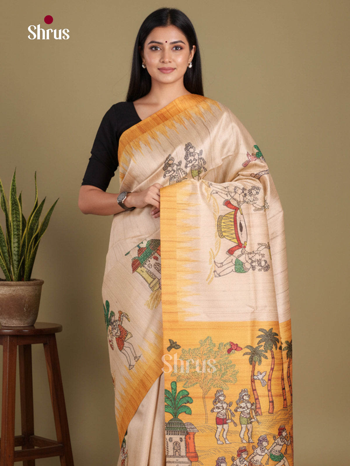 Cream & Yellow- Printed Madhubani Saree