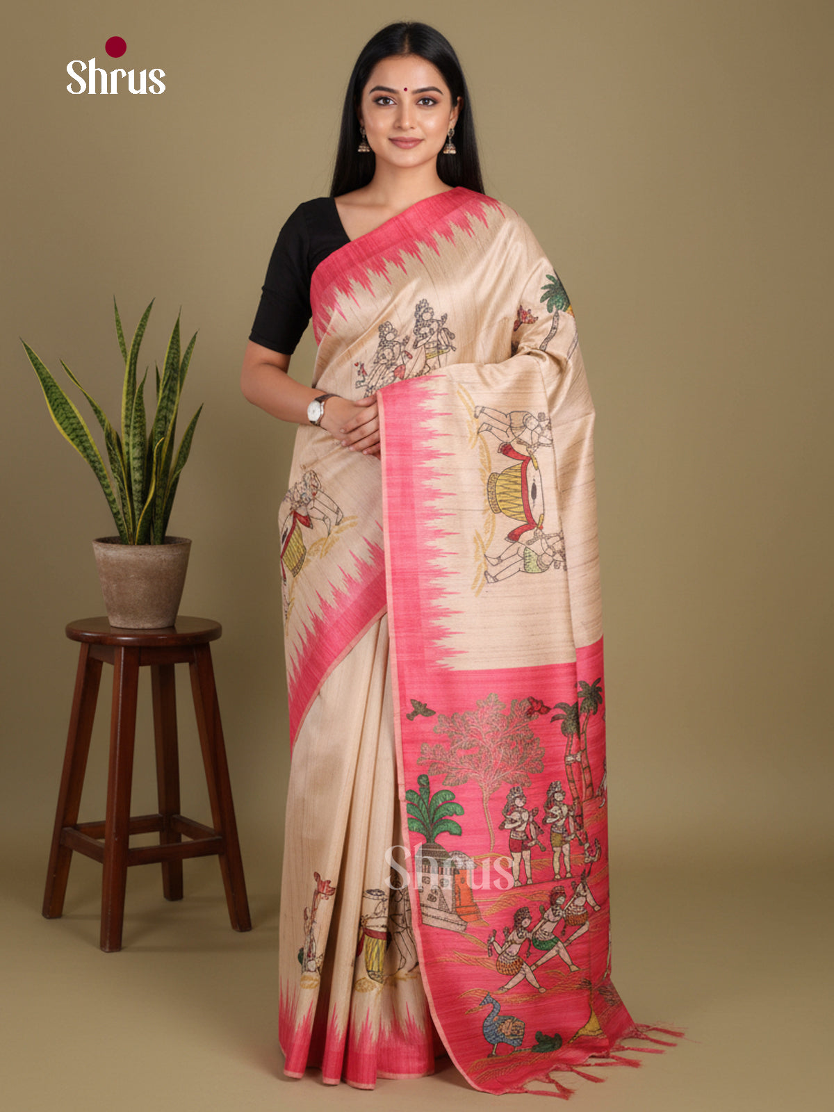 Cream & Pink - Printed Madhubani Saree