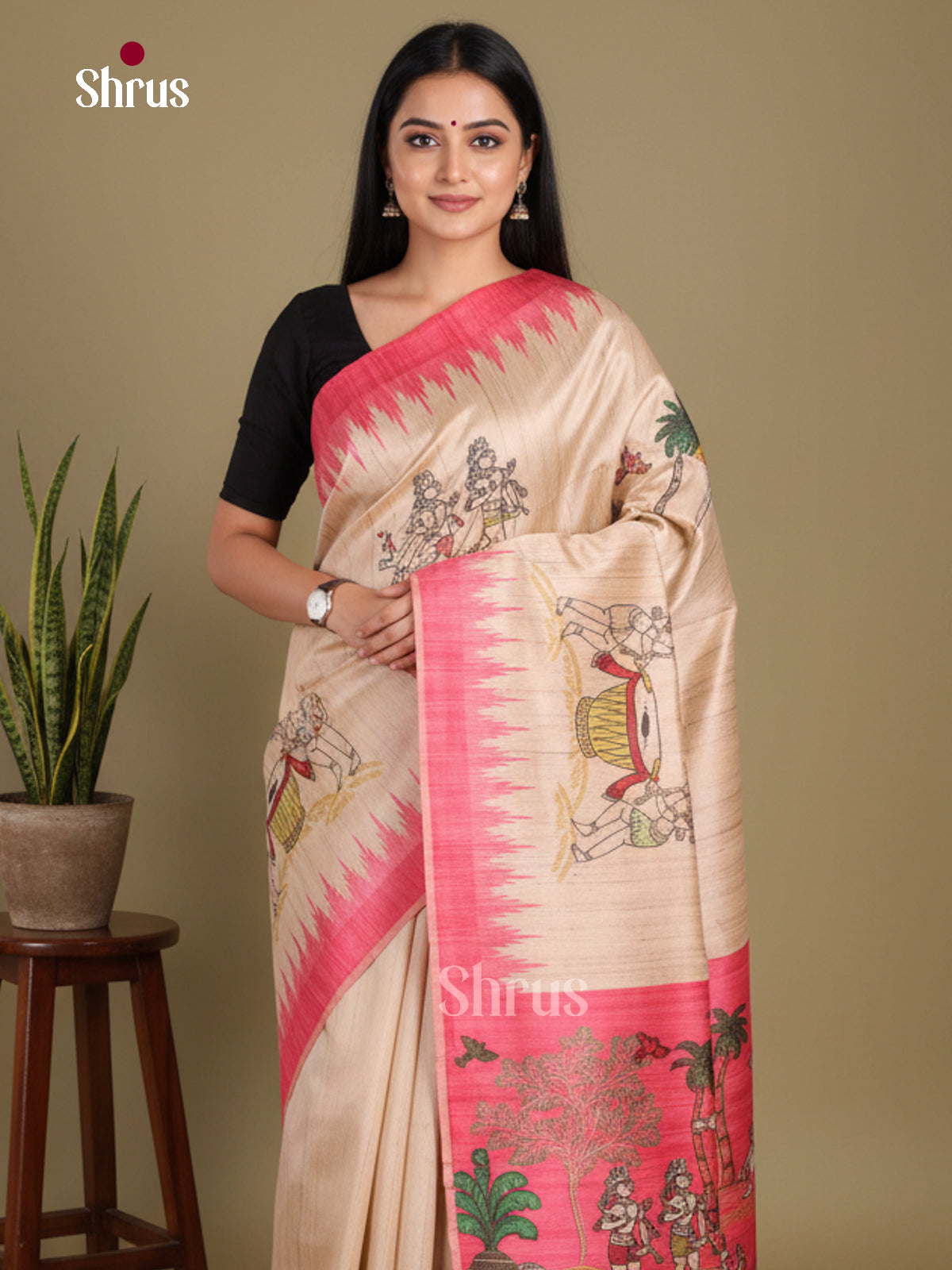 Cream & Pink - Printed Madhubani Saree