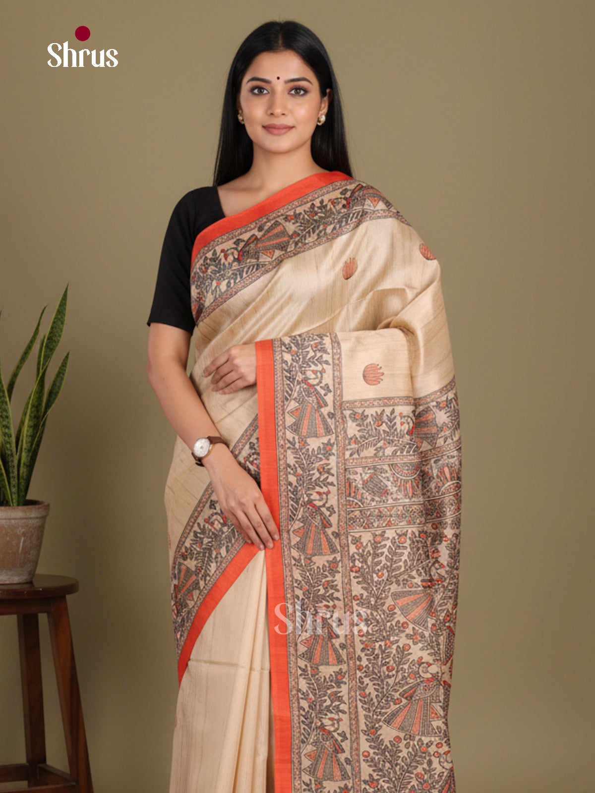 Cream & Orange - Printed Madhubani Saree