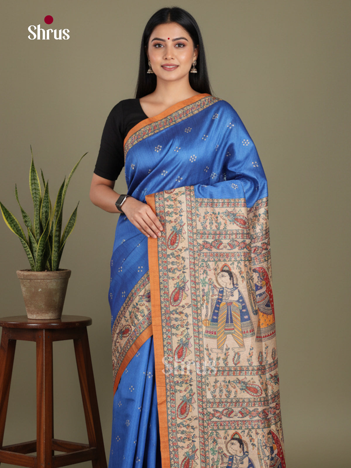 Blue & Mustard  - Printed Madhubani Saree