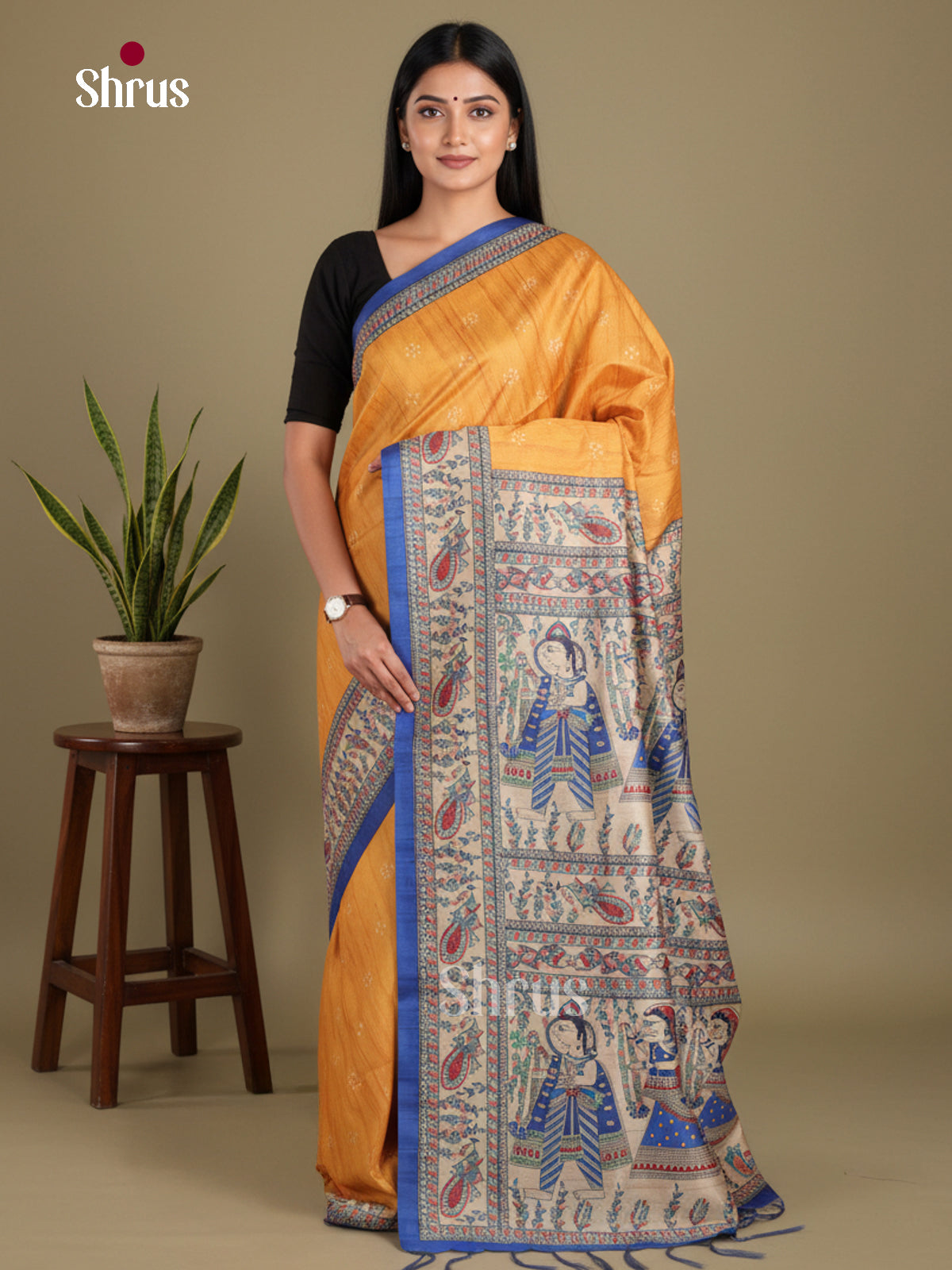 Mustard & Blue - Printed Madhubani Saree