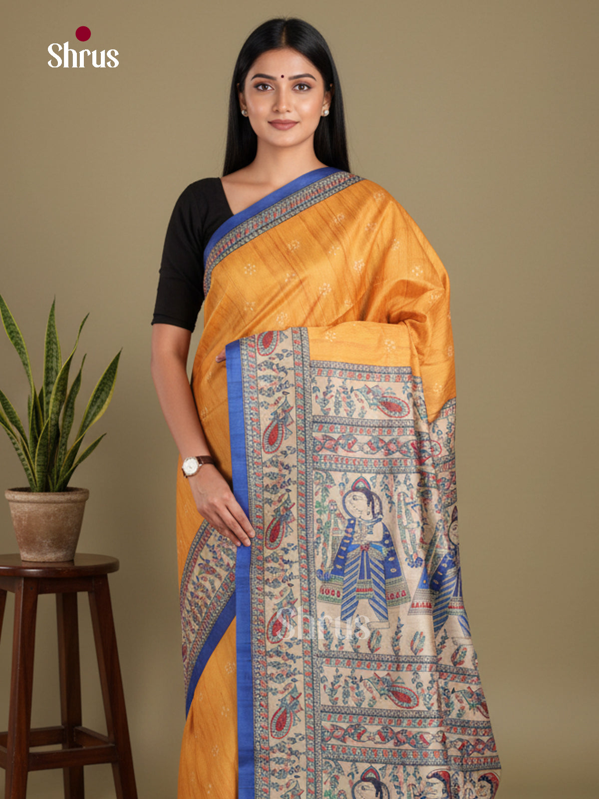Mustard & Blue - Printed Madhubani Saree