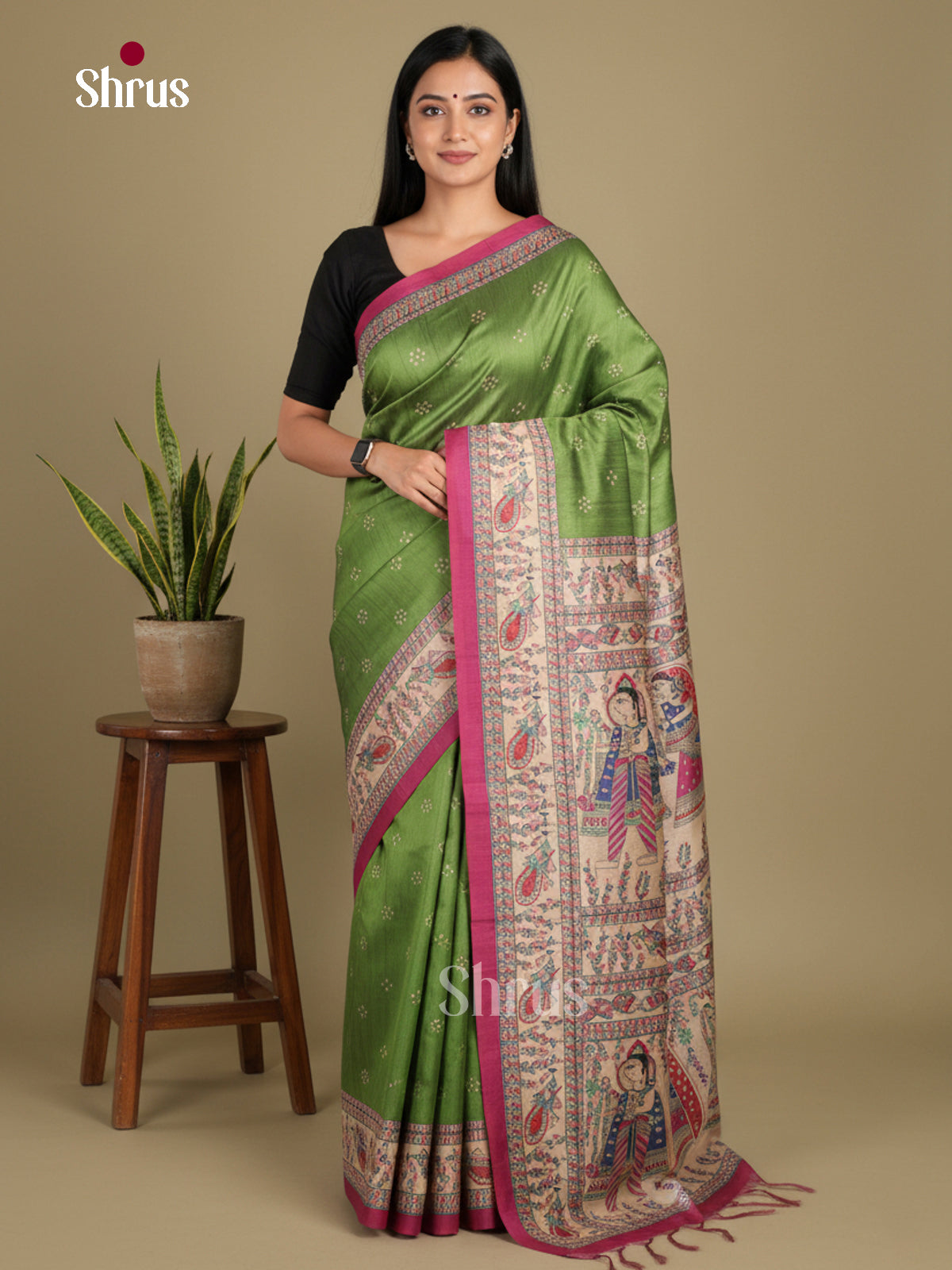 Green & Purple - Printed Madhubani Saree