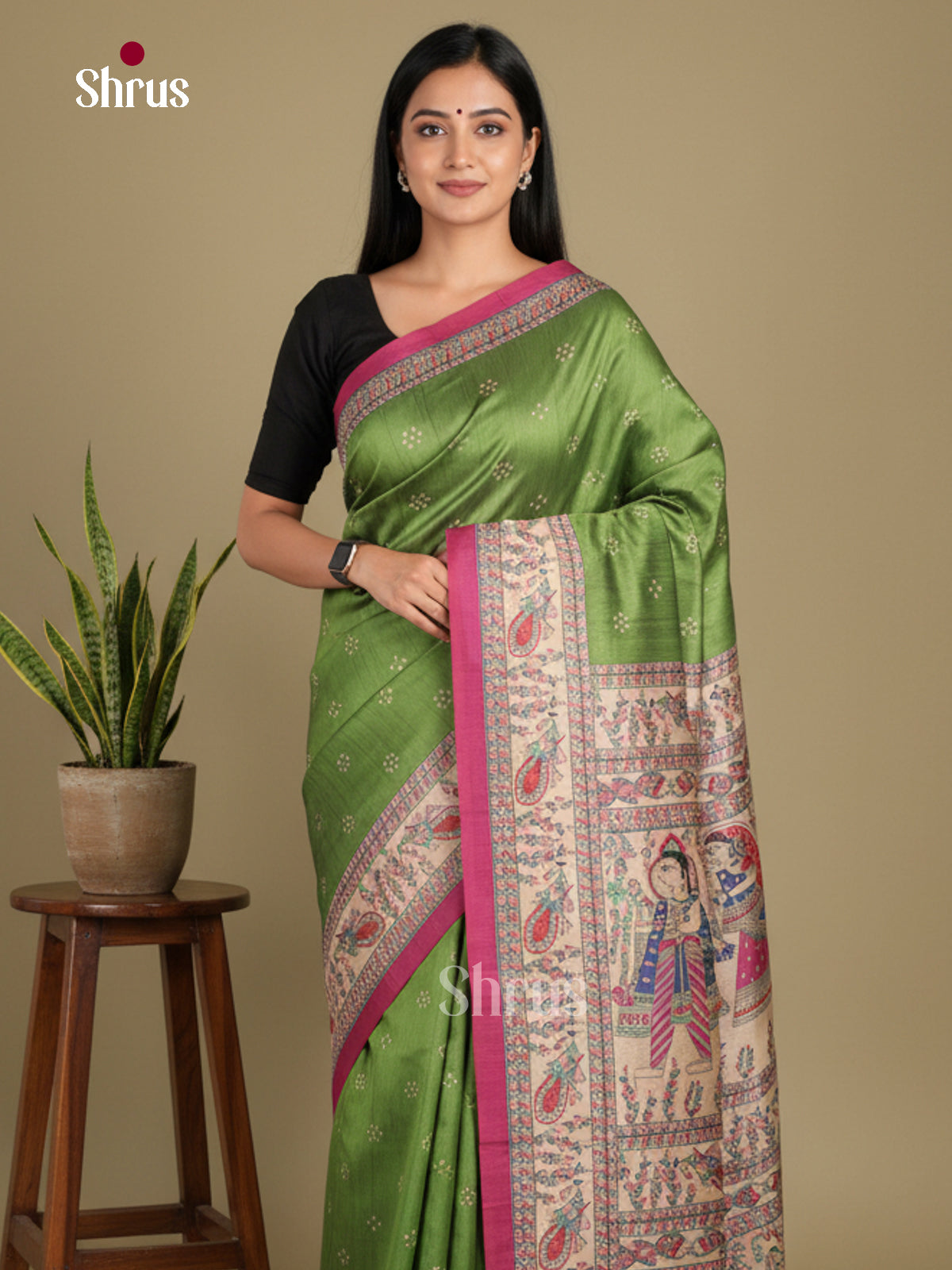Green & Purple - Printed Madhubani Saree
