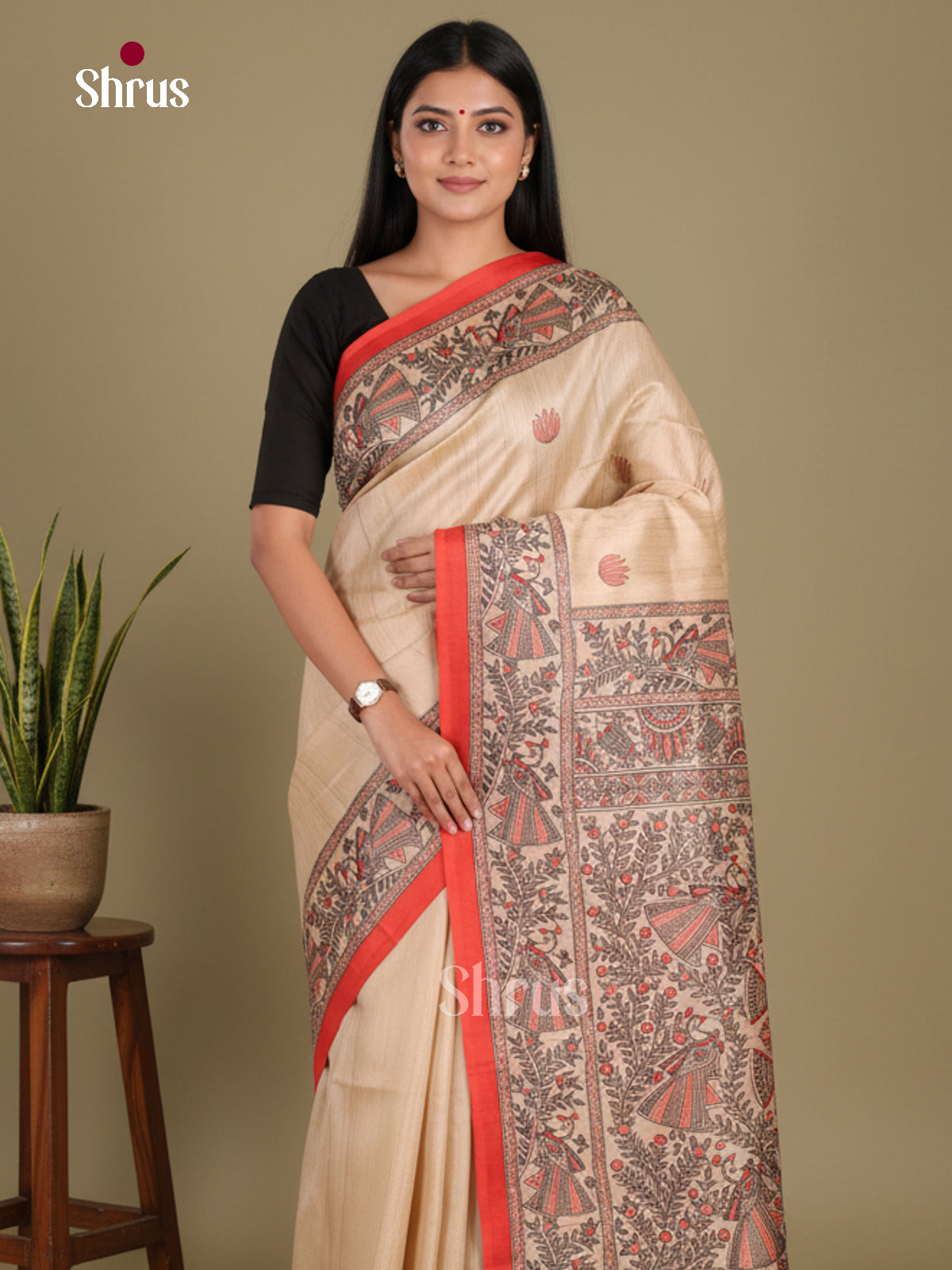 Cream & Red- Printed Madhubani Saree