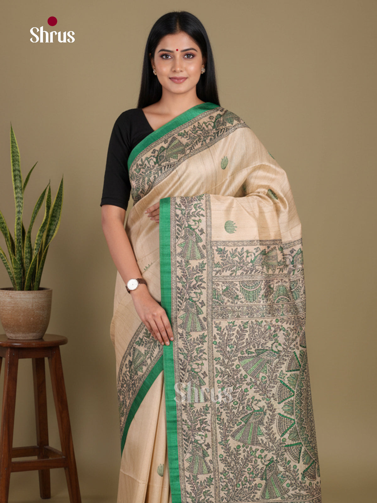 Cream & Green - Printed Madhubani Saree