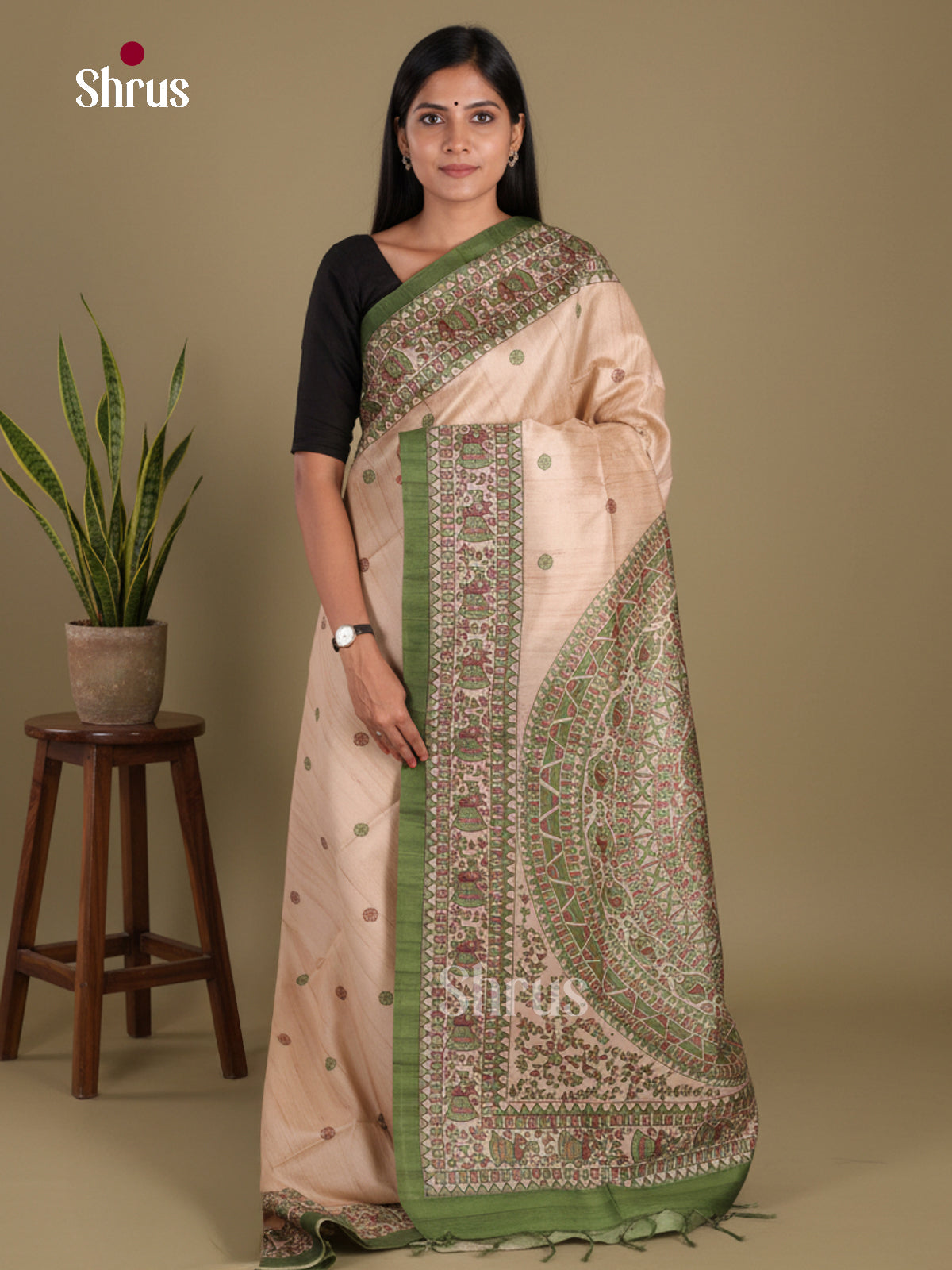 Cream & Green- Printed Madhubani Saree