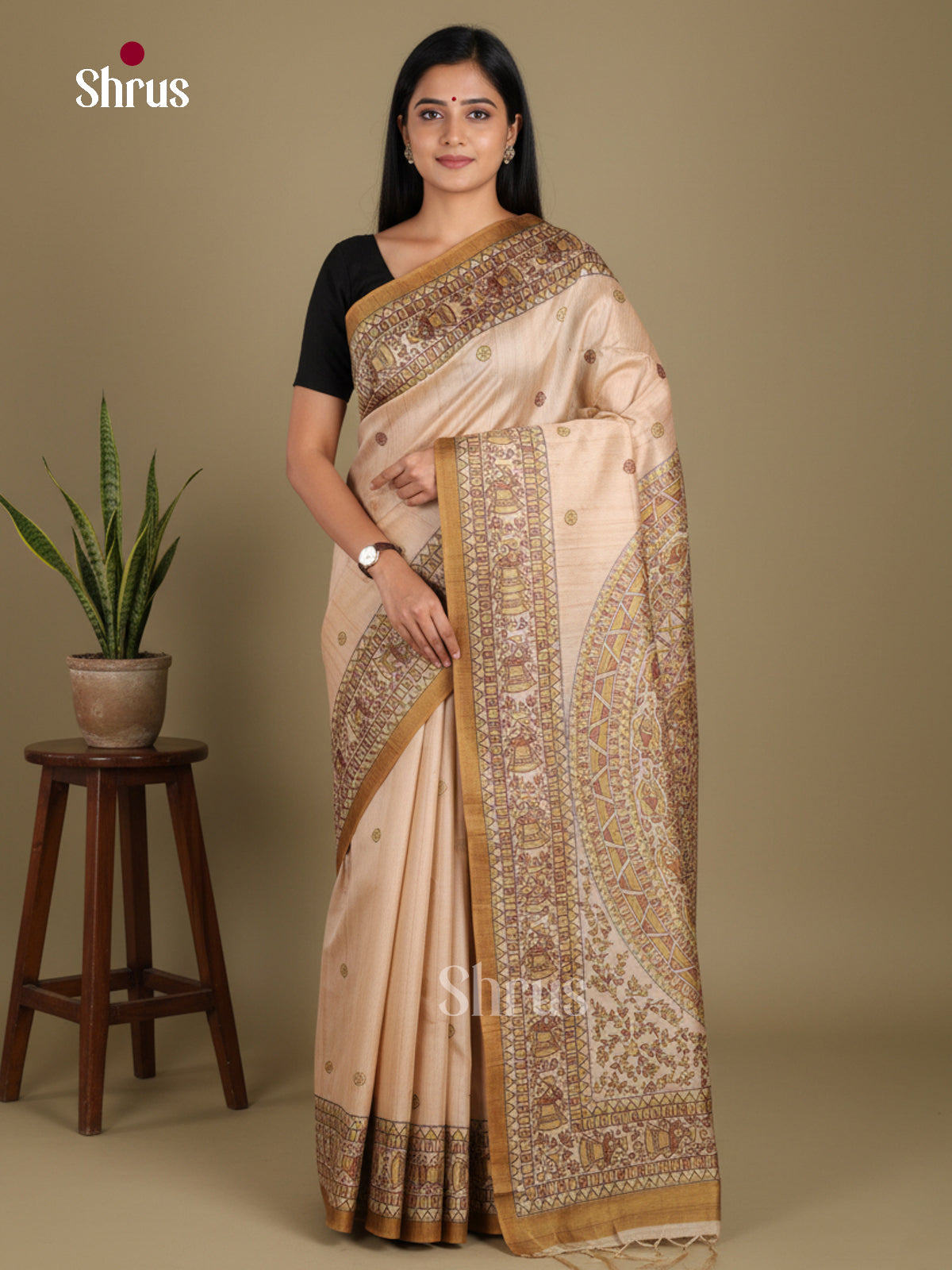 Cream & Mehandi - Printed Madhubani Saree