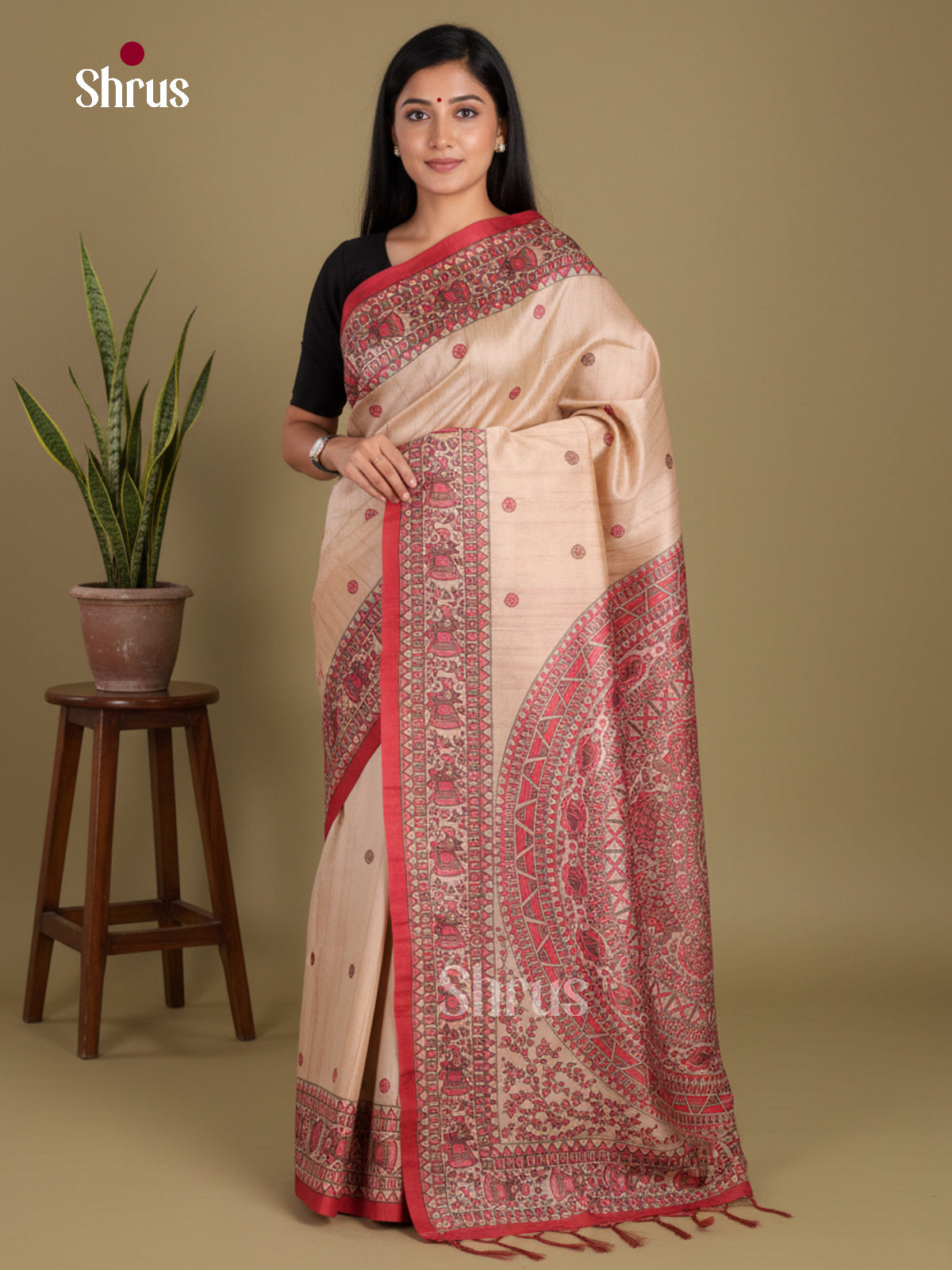 Cream & Red - Printed Madhubani Saree